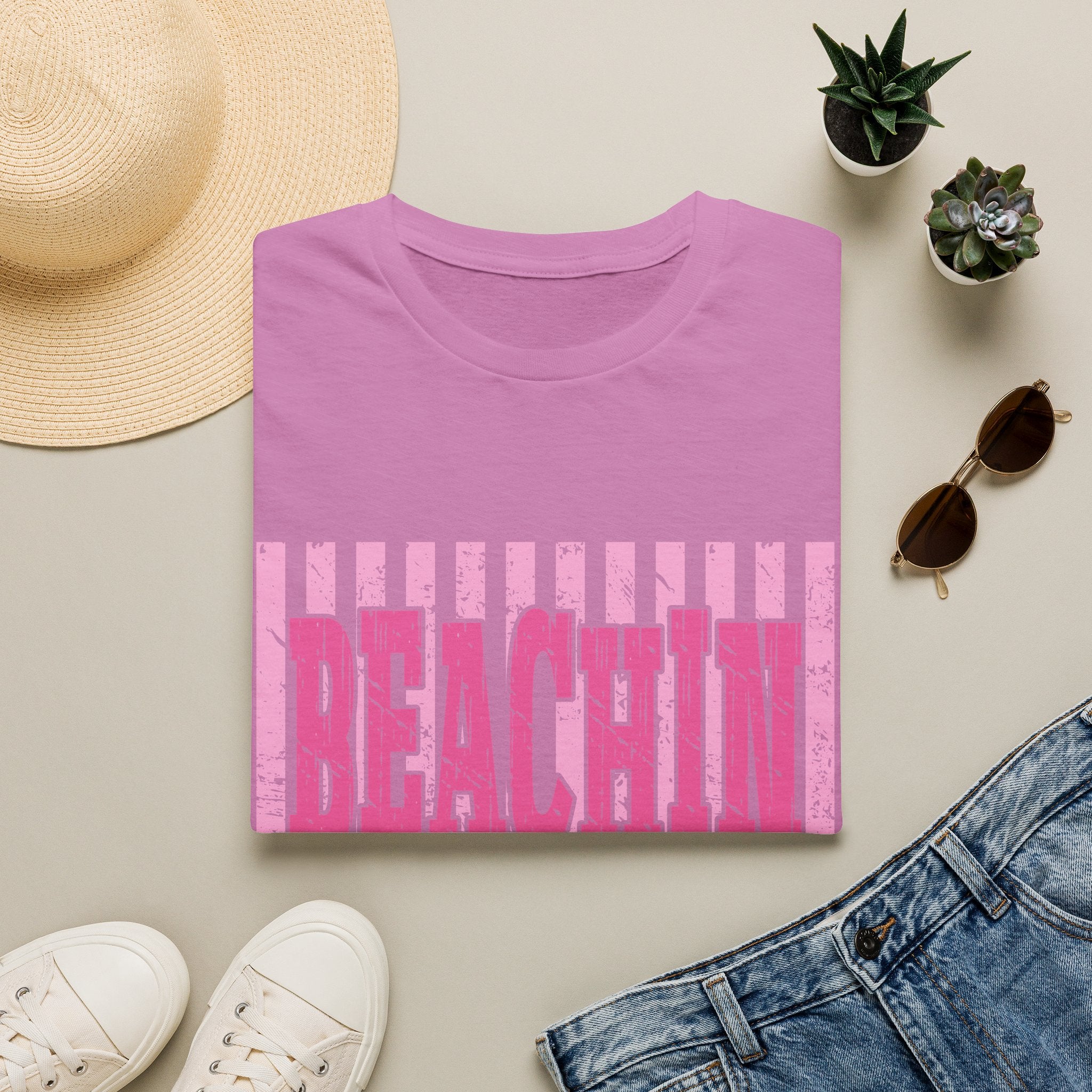 Beachin' Pink Striped Graphic T-Shirt | Summer Beach Vibes
