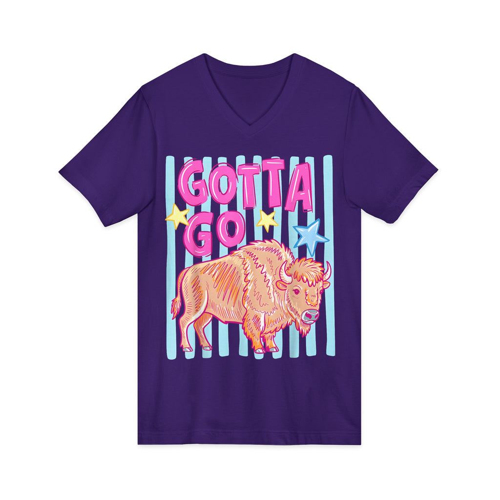 Gotta Go Buffalo V-Neck Tee — Retro Pastel Bison Graphic T-Shirt