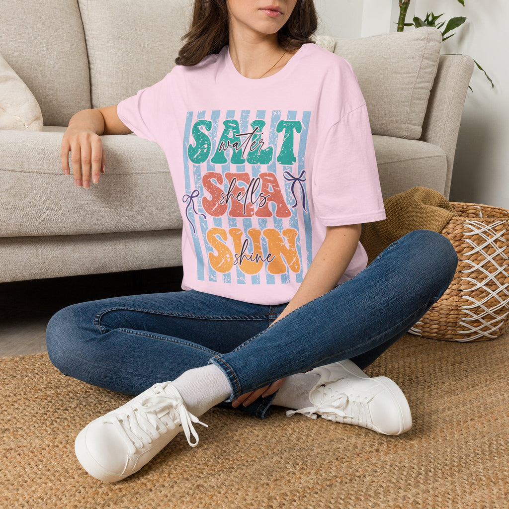 Beach Vibes T-Shirt — "Salt Water, Sea Shells, Sun" Retro Stripes