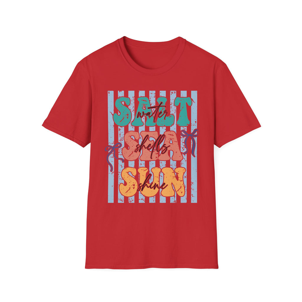 Beach Vibes T-Shirt — "Salt Water, Sea Shells, Sun" Retro Stripes