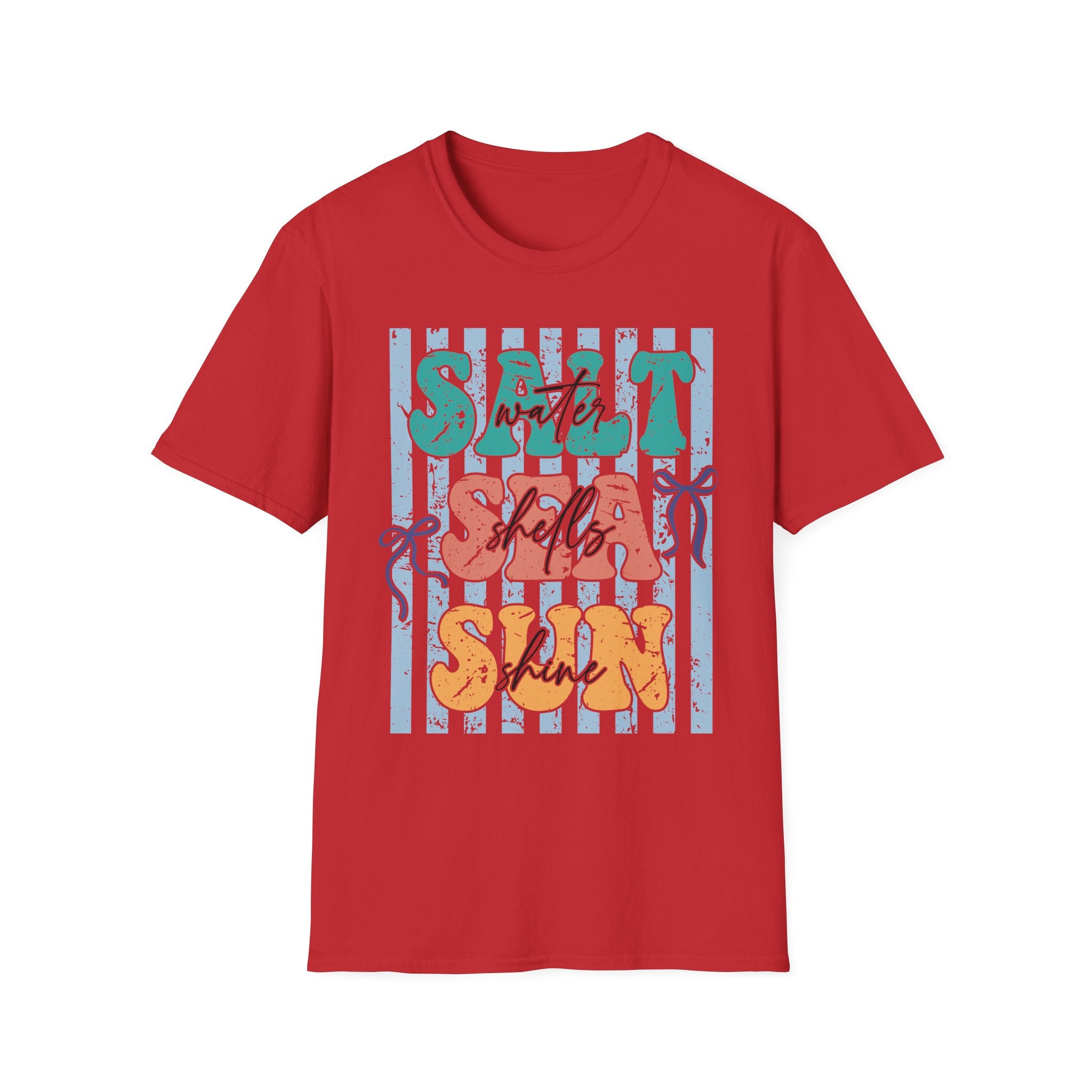 Beach Vibes T-Shirt — "Salt Water, Sea Shells, Sun" Retro Stripes