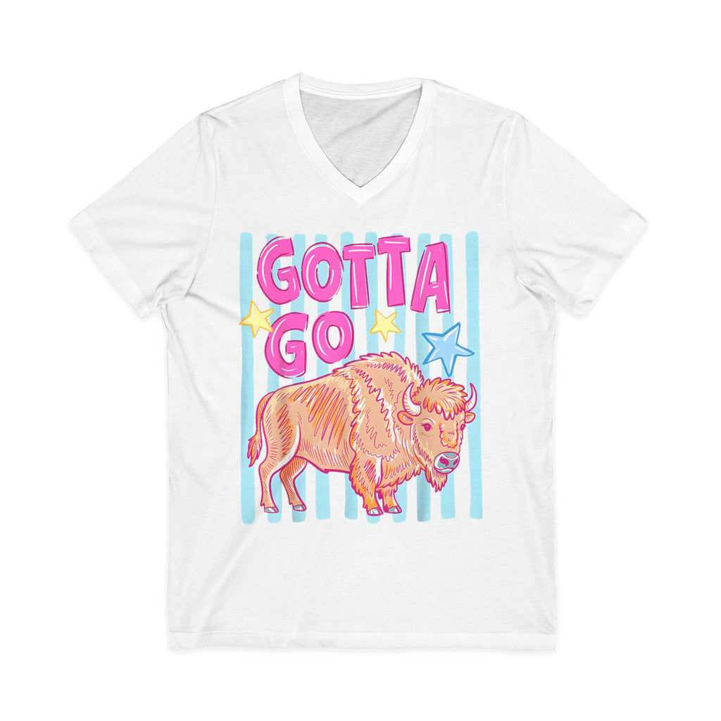 Gotta Go Buffalo V-Neck Tee — Retro Pastel Bison Graphic T-Shirt