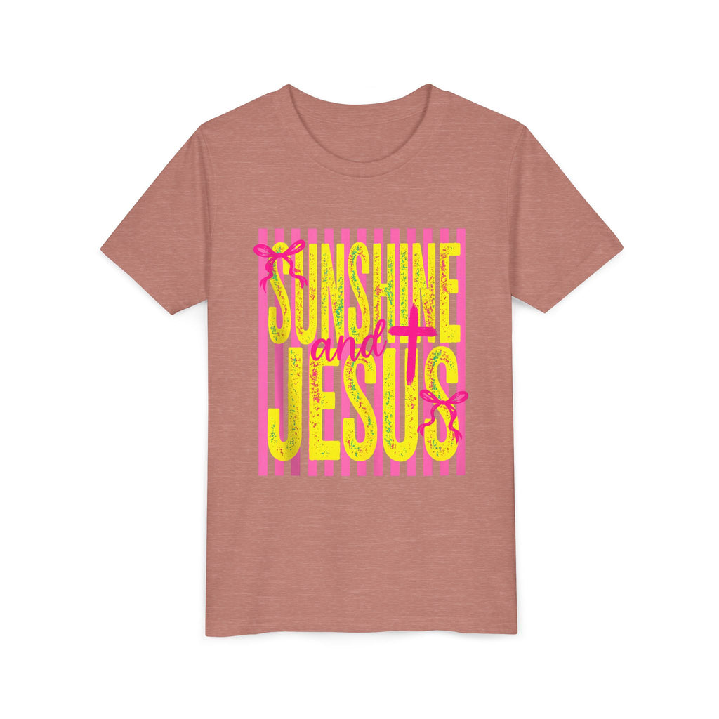 Youth Tee — "Sunshine and Jesus" Pink & Yellow Striped Christian Graphic