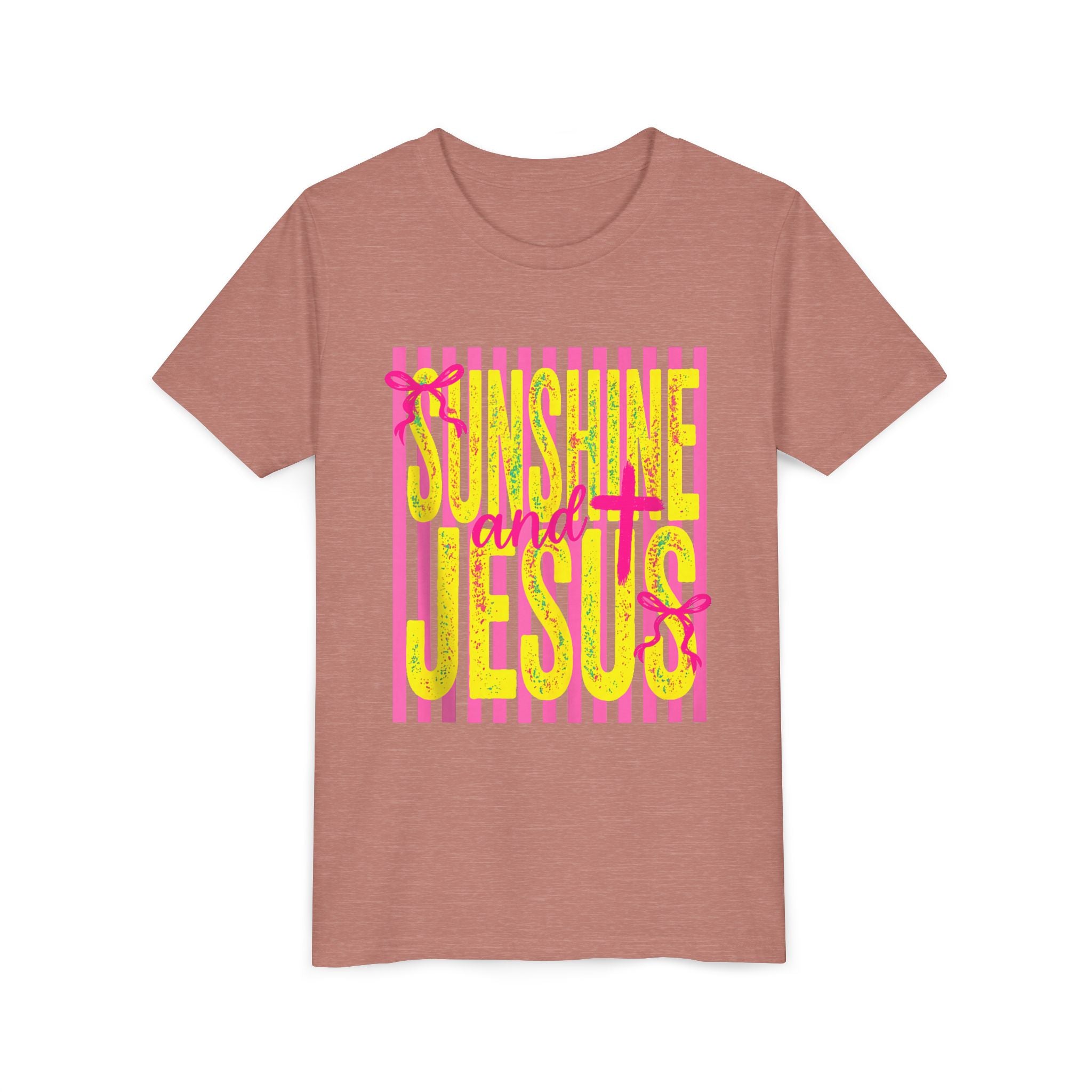 Youth Tee — "Sunshine and Jesus" Pink & Yellow Striped Christian Graphic