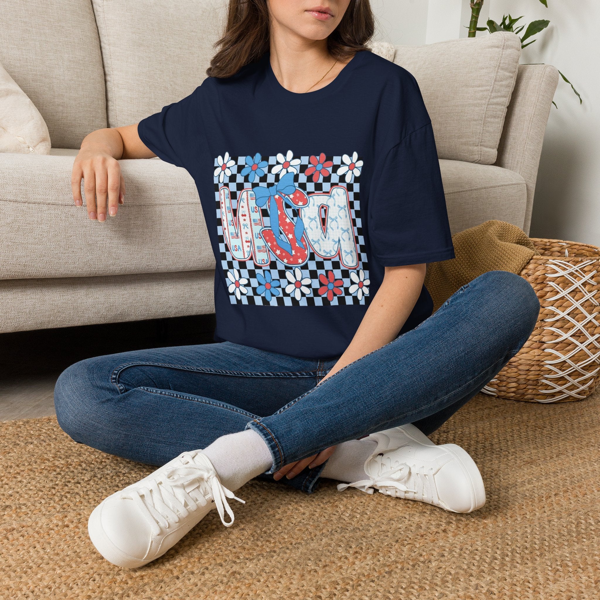 Flip Flop Summer Tee — Red Blue Floral Check Graphic T-Shirt