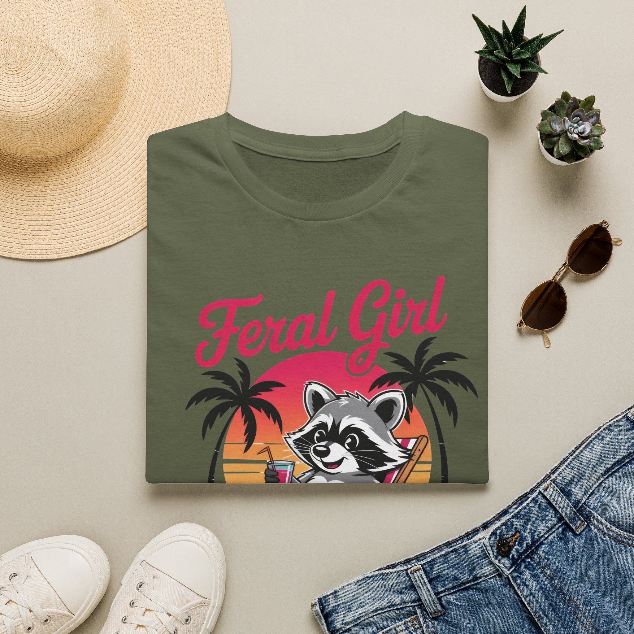 Feral Girl Summer T-Shirt — Retro Raccoon Beach Graphic Tee