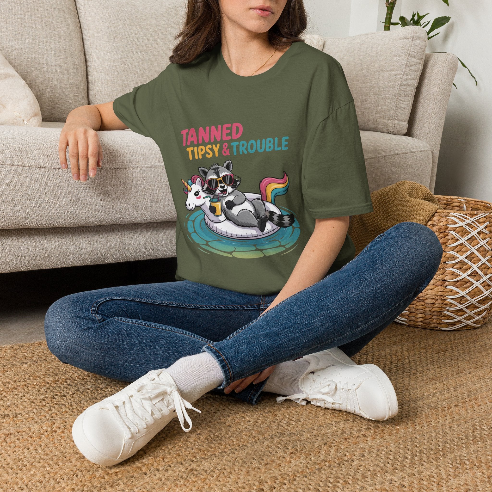 T-Shirt — "Tanned Tipsy & Trouble" Raccoon Summer Tee