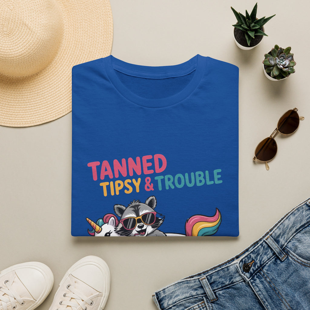 T-Shirt — "Tanned Tipsy & Trouble" Raccoon Summer Tee