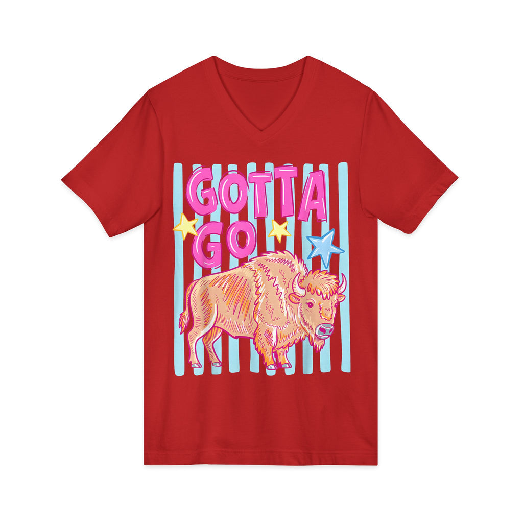 Gotta Go Buffalo V-Neck Tee — Retro Pastel Bison Graphic T-Shirt
