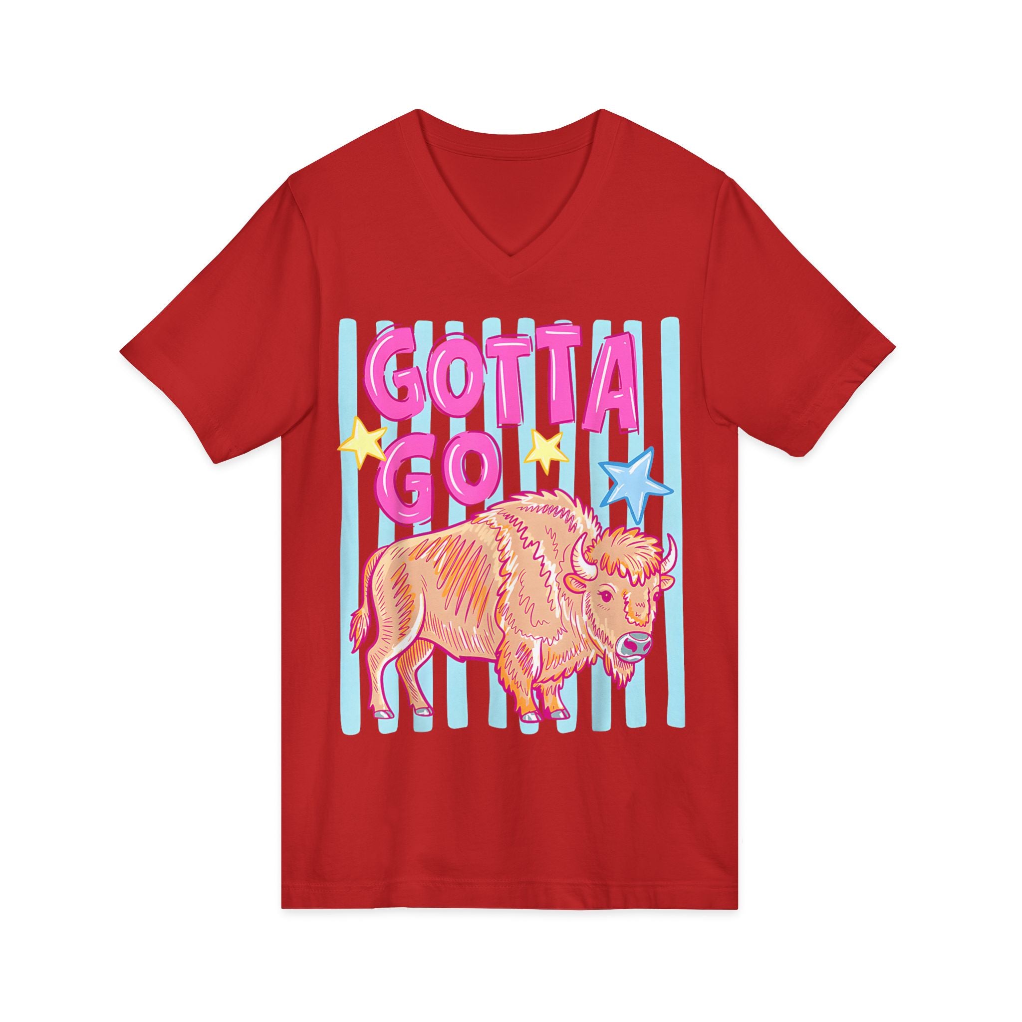 Gotta Go Buffalo V-Neck Tee — Retro Pastel Bison Graphic T-Shirt
