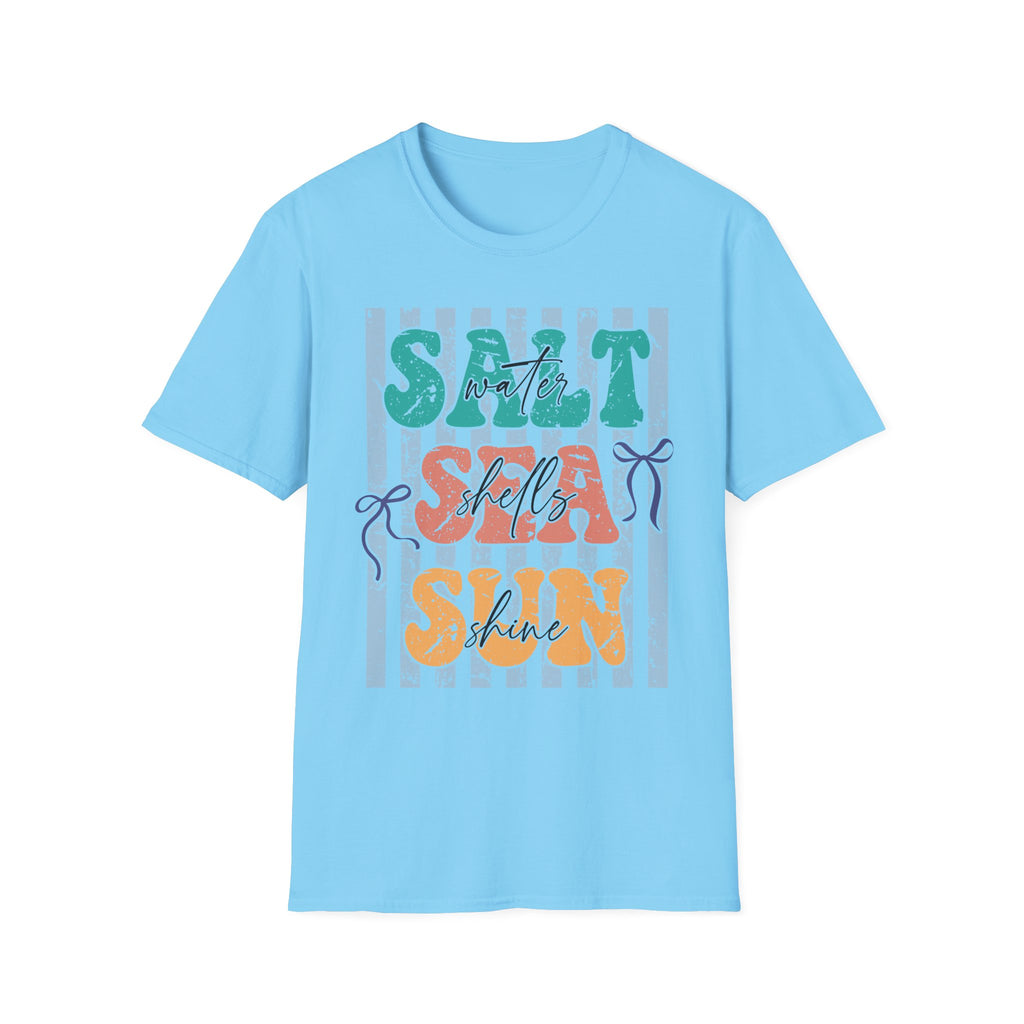 Beach Vibes T-Shirt — "Salt Water, Sea Shells, Sun" Retro Stripes