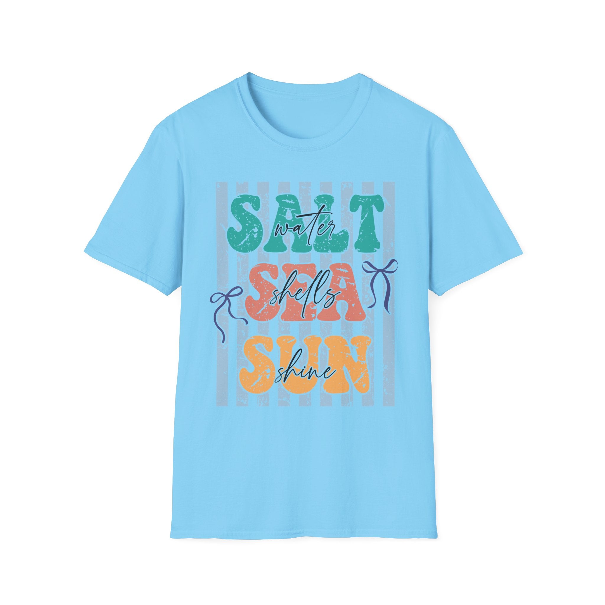 Beach Vibes T-Shirt — "Salt Water, Sea Shells, Sun" Retro Stripes