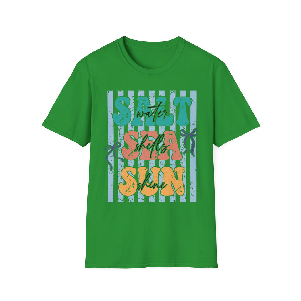 Beach Vibes T-Shirt — "Salt Water, Sea Shells, Sun" Retro Stripes