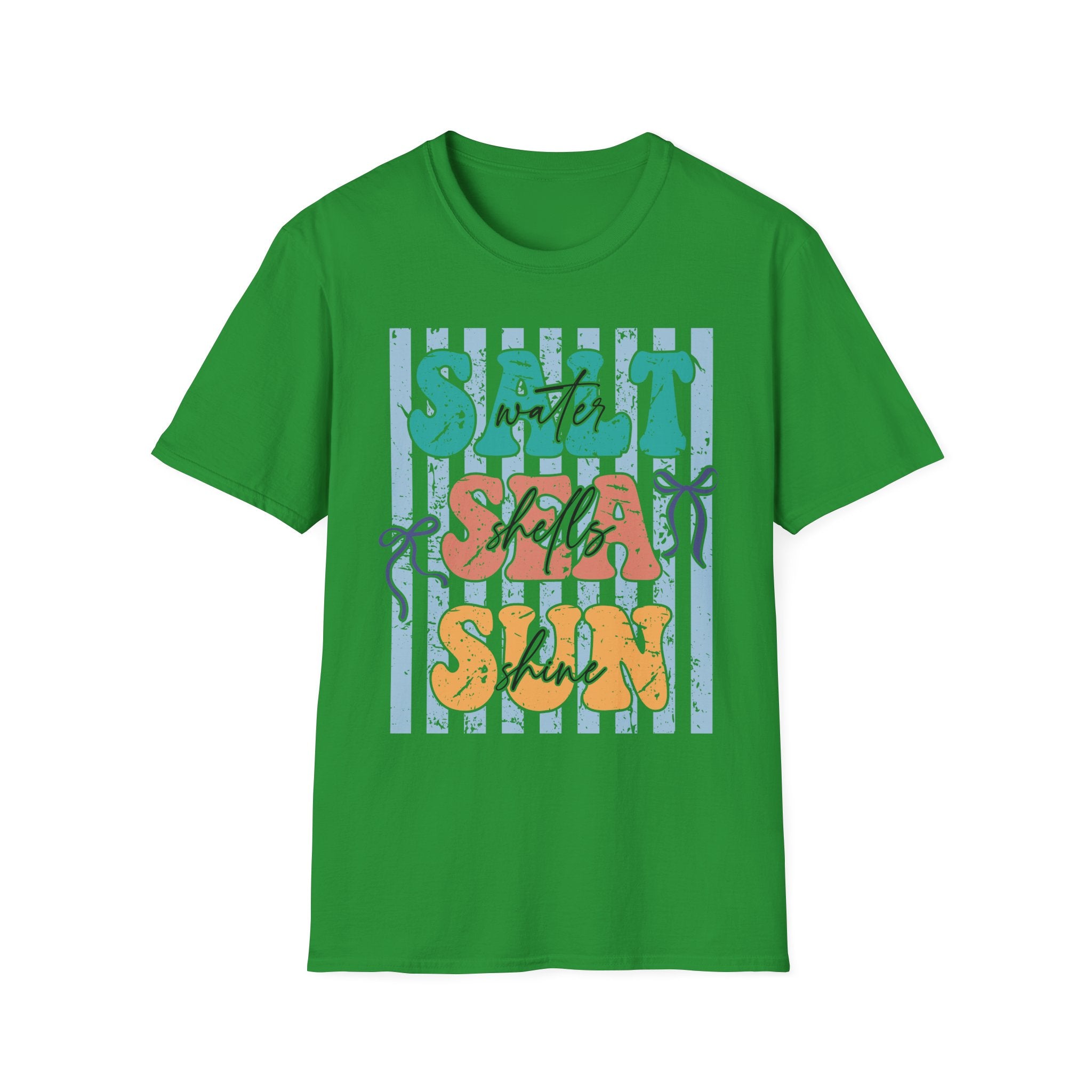 Beach Vibes T-Shirt — "Salt Water, Sea Shells, Sun" Retro Stripes
