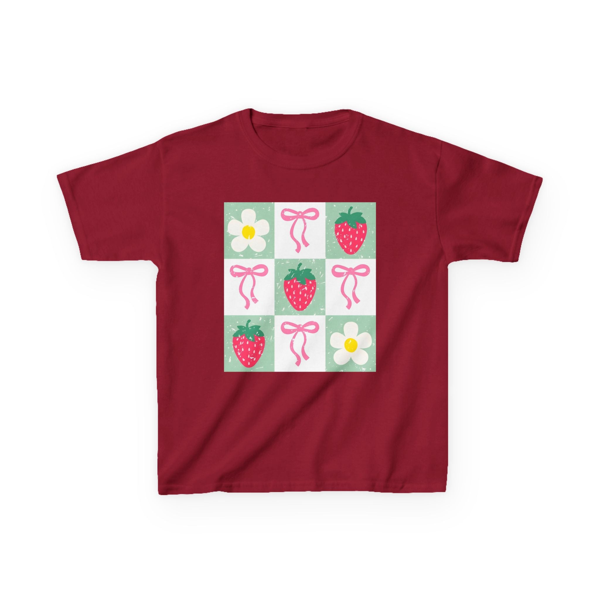 Kids Strawberry Grid Tee — Cute Strawberry & Flower Graphic T-Shirt