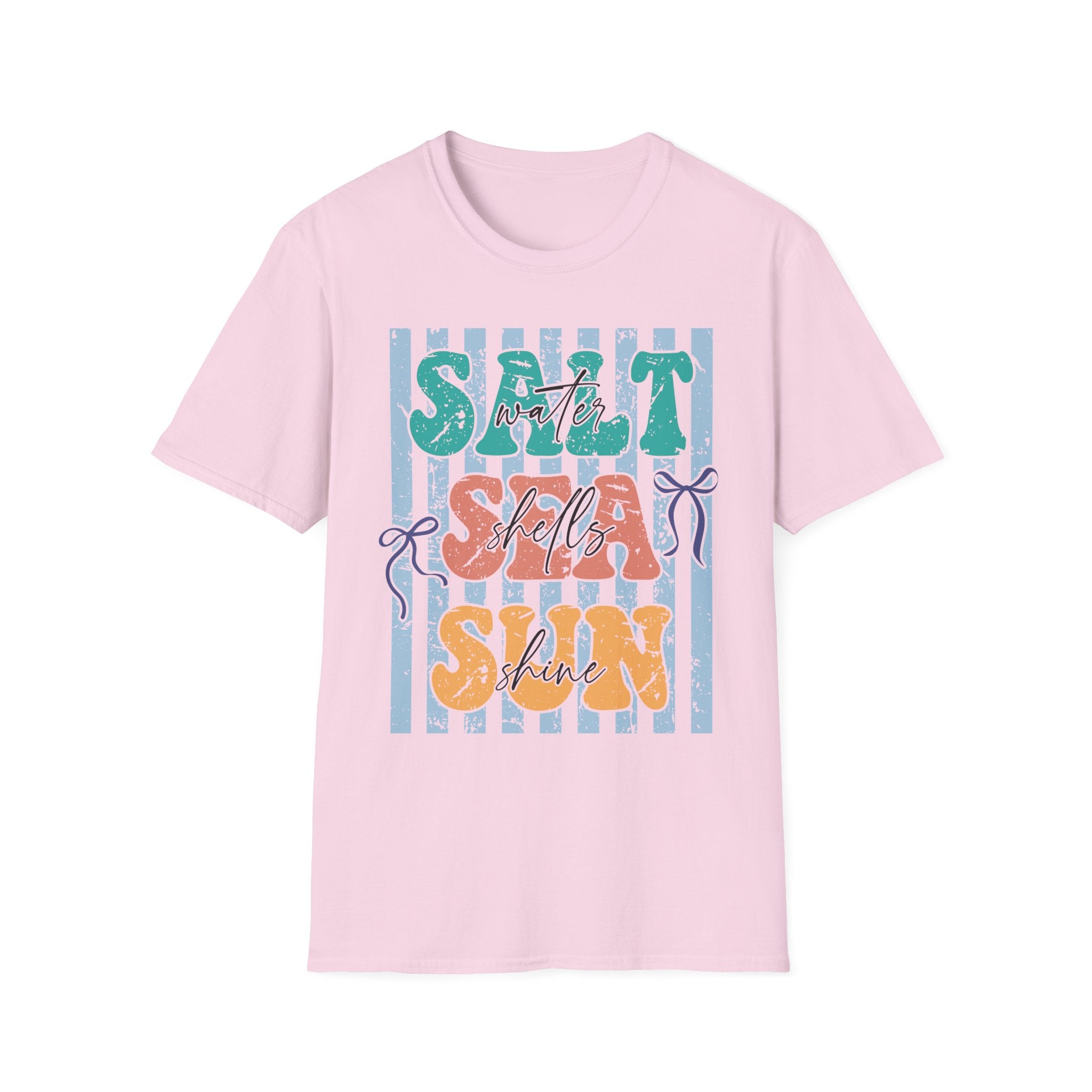 Beach Vibes T-Shirt — "Salt Water, Sea Shells, Sun" Retro Stripes