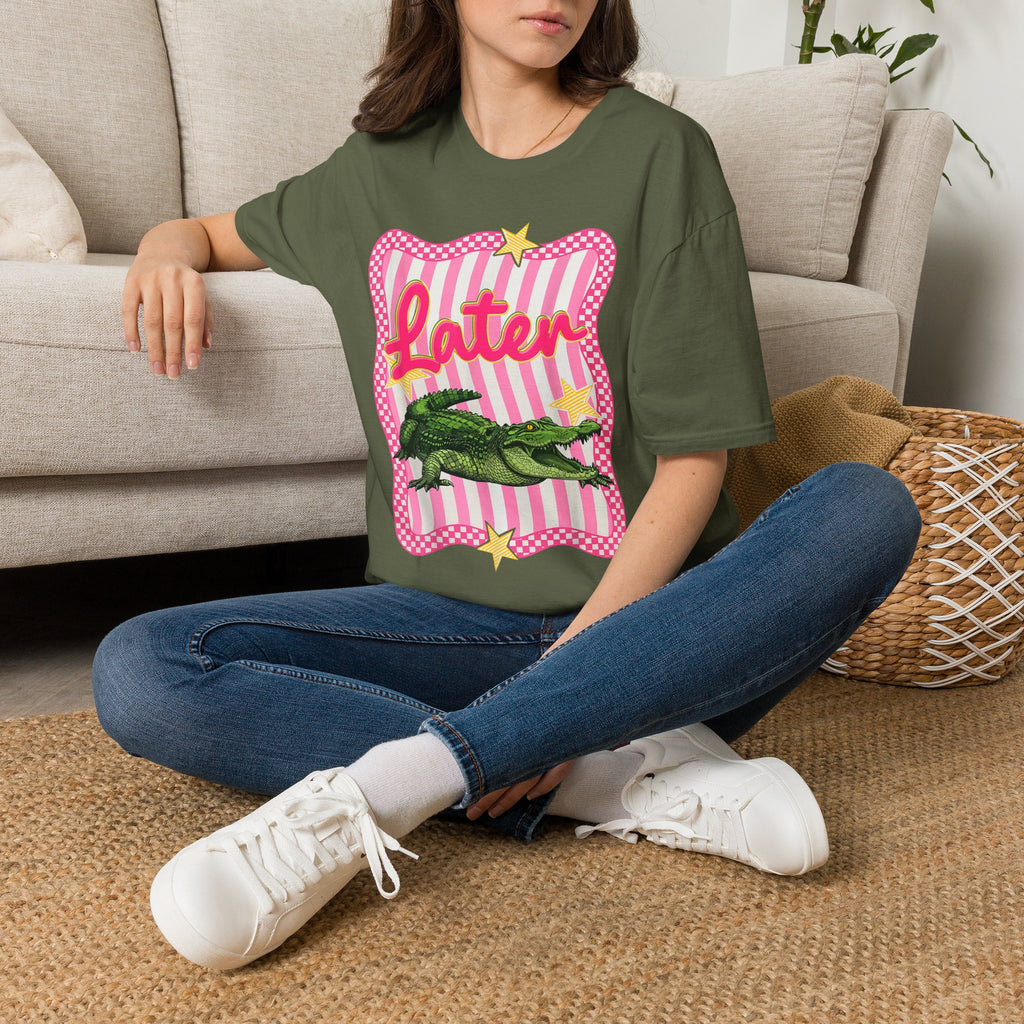 Later Graphic T‑Shirt — Retro Pink Stripe Alligator Design