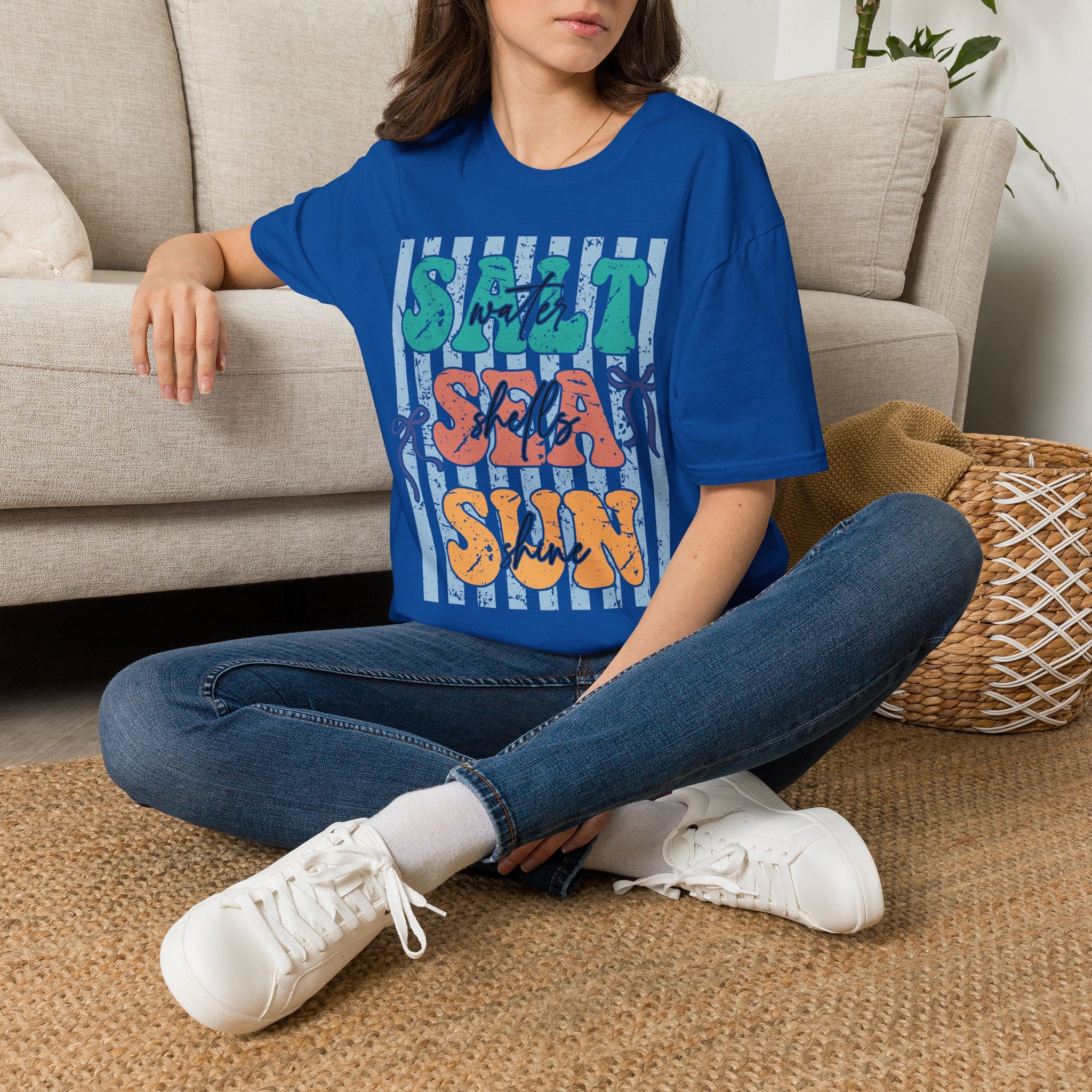 Beach Vibes T-Shirt — "Salt Water, Sea Shells, Sun" Retro Stripes