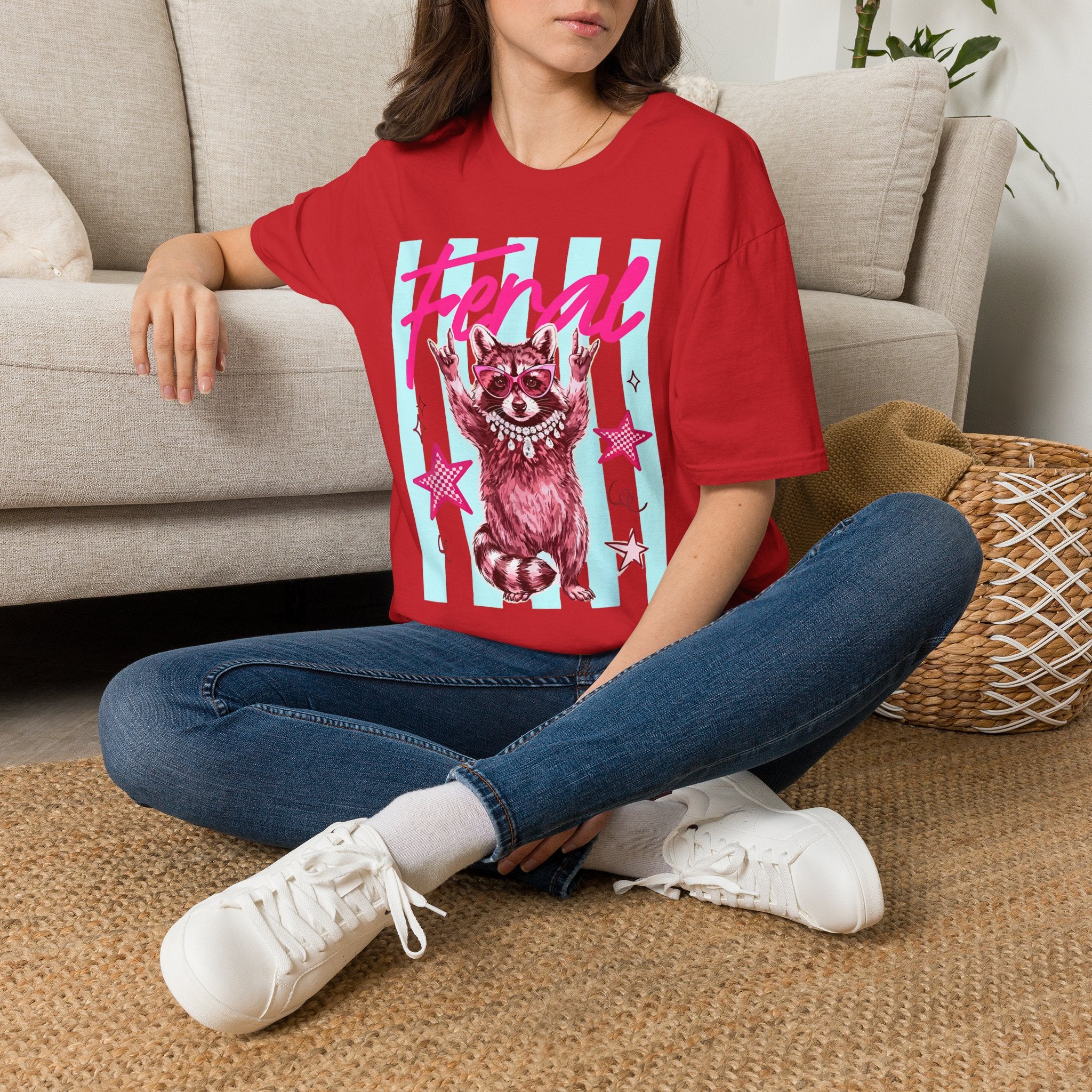 Feral Raccoon Graphic T-Shirt — Retro Pink & Teal Cute Punk Tee