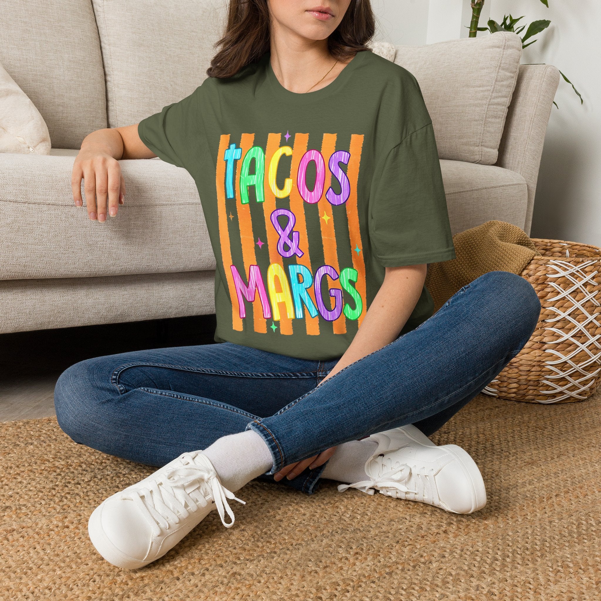 T-Shirt — "Tacos & Margs" Colorful Striped Graphic Tee