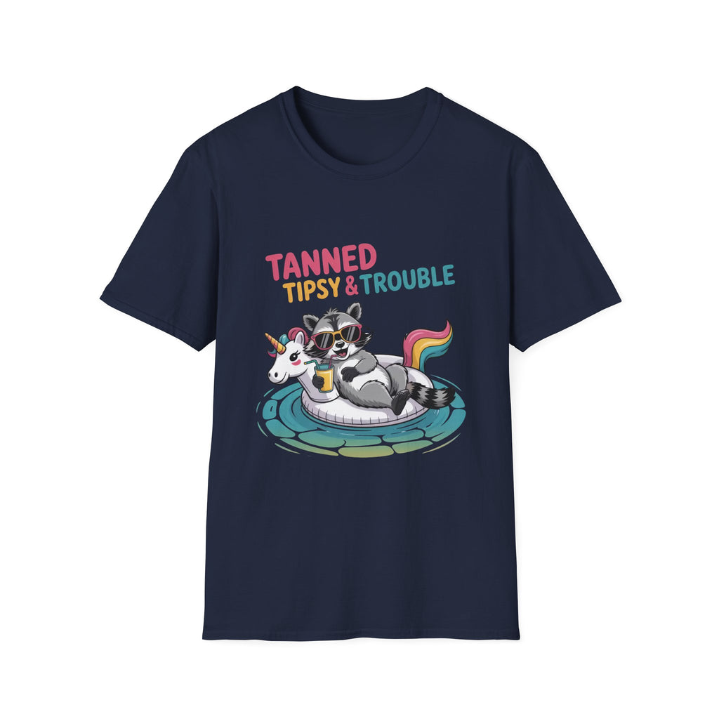 T-Shirt — "Tanned Tipsy & Trouble" Raccoon Summer Tee