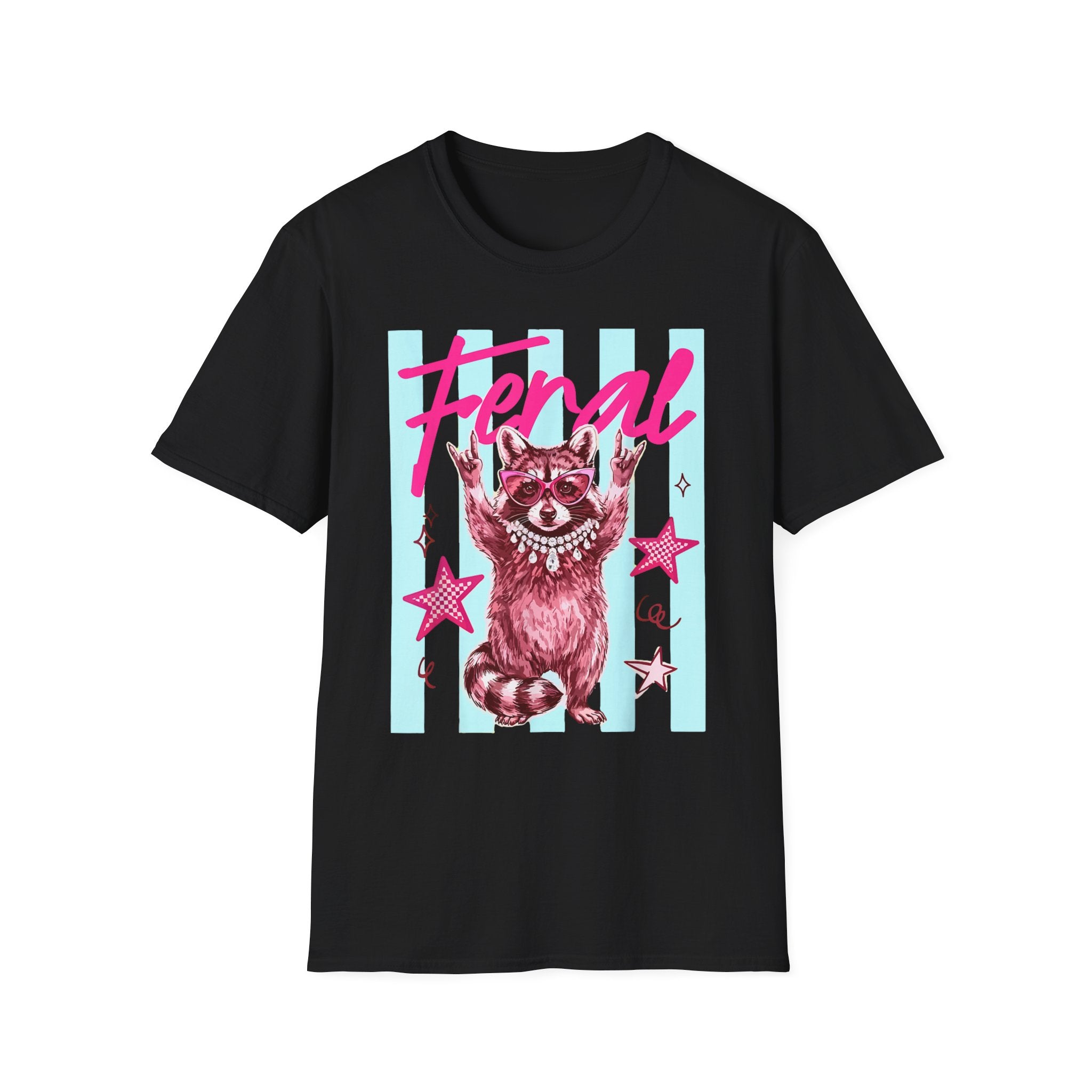 Feral Raccoon Graphic T-Shirt — Retro Pink & Teal Cute Punk Tee