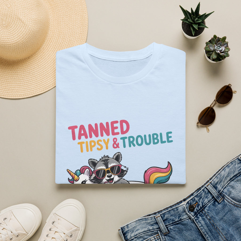 T-Shirt — "Tanned Tipsy & Trouble" Raccoon Summer Tee