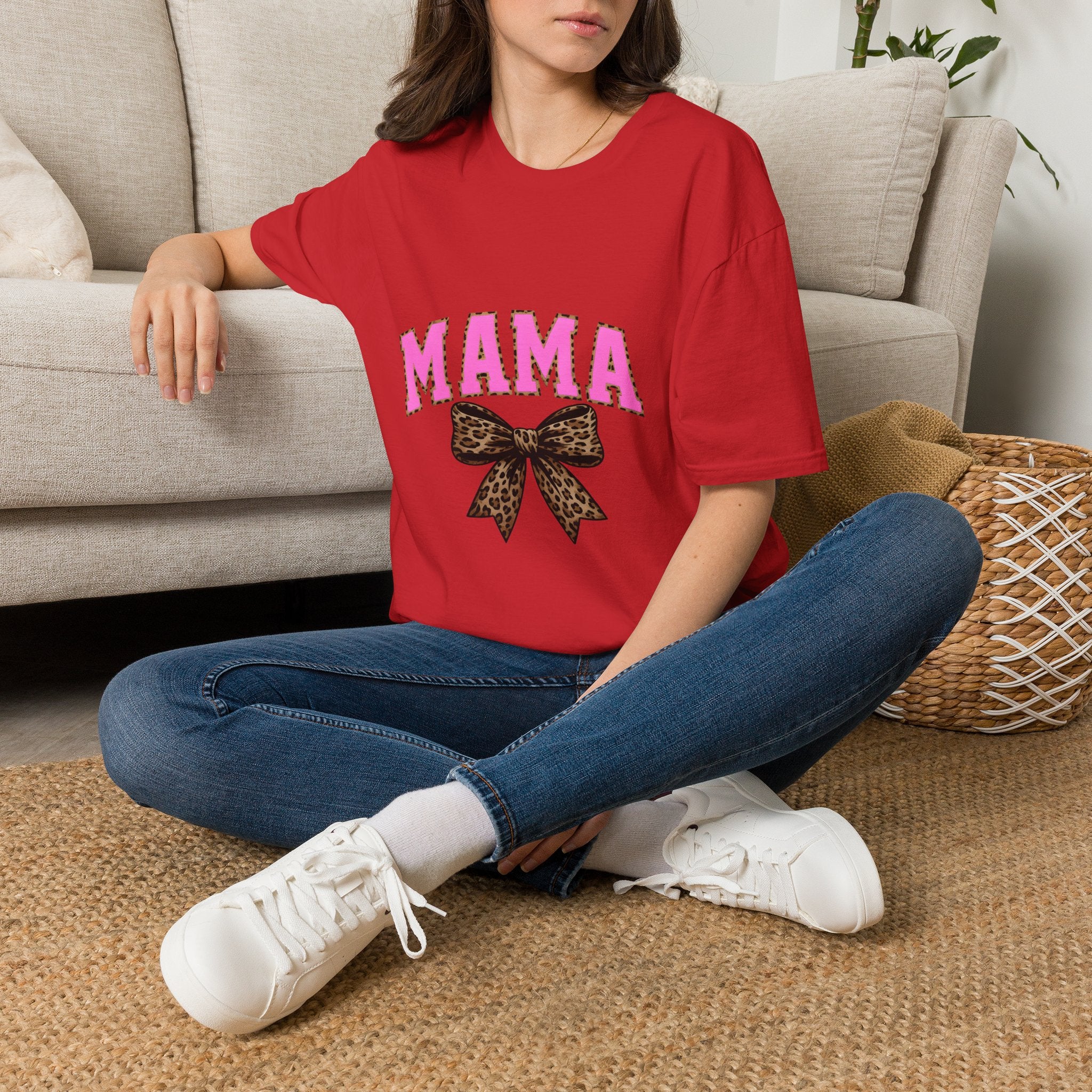 Mama Shirt — Pink Leopard Bow Graphic Tee for Moms