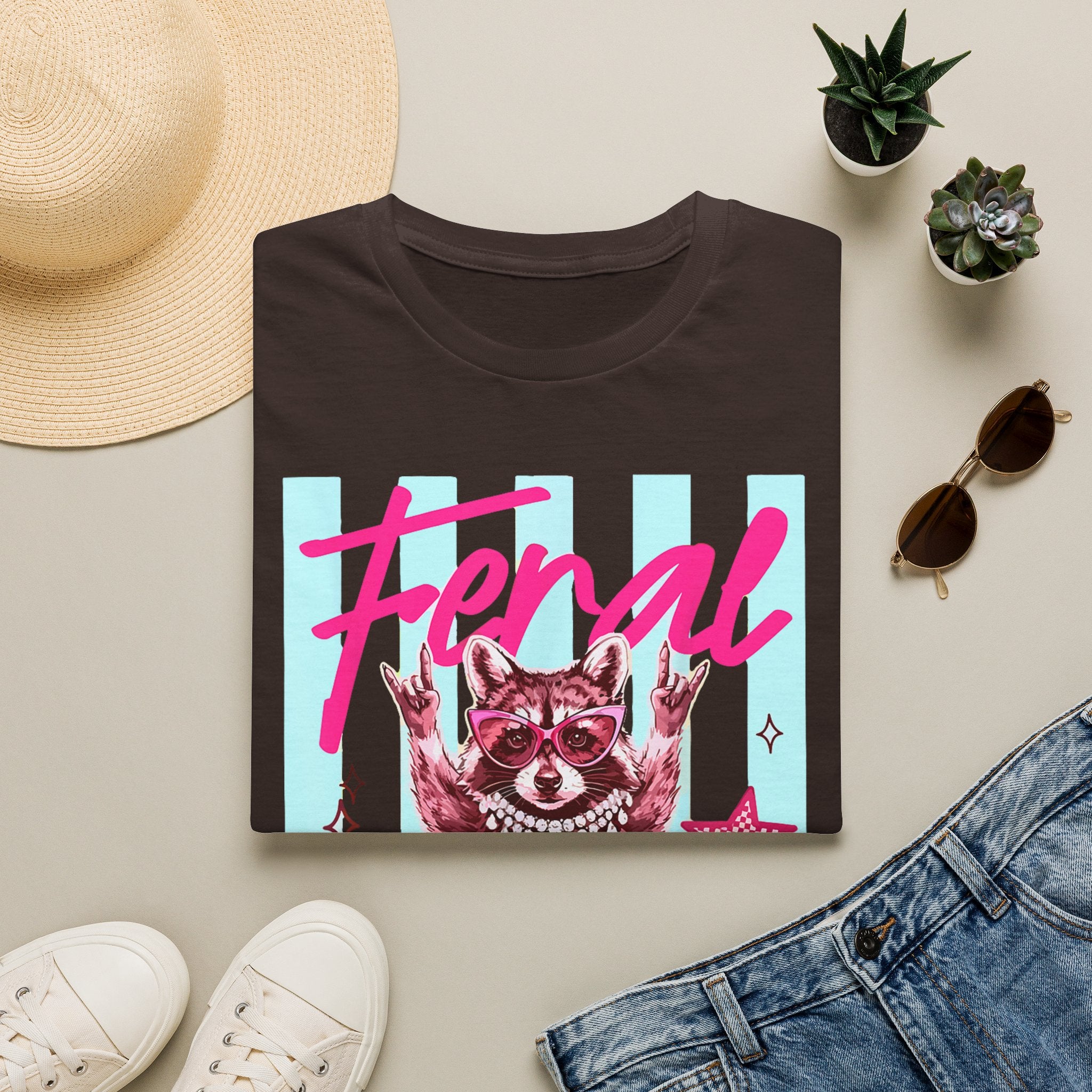 Feral Raccoon Graphic T-Shirt — Retro Pink & Teal Cute Punk Tee