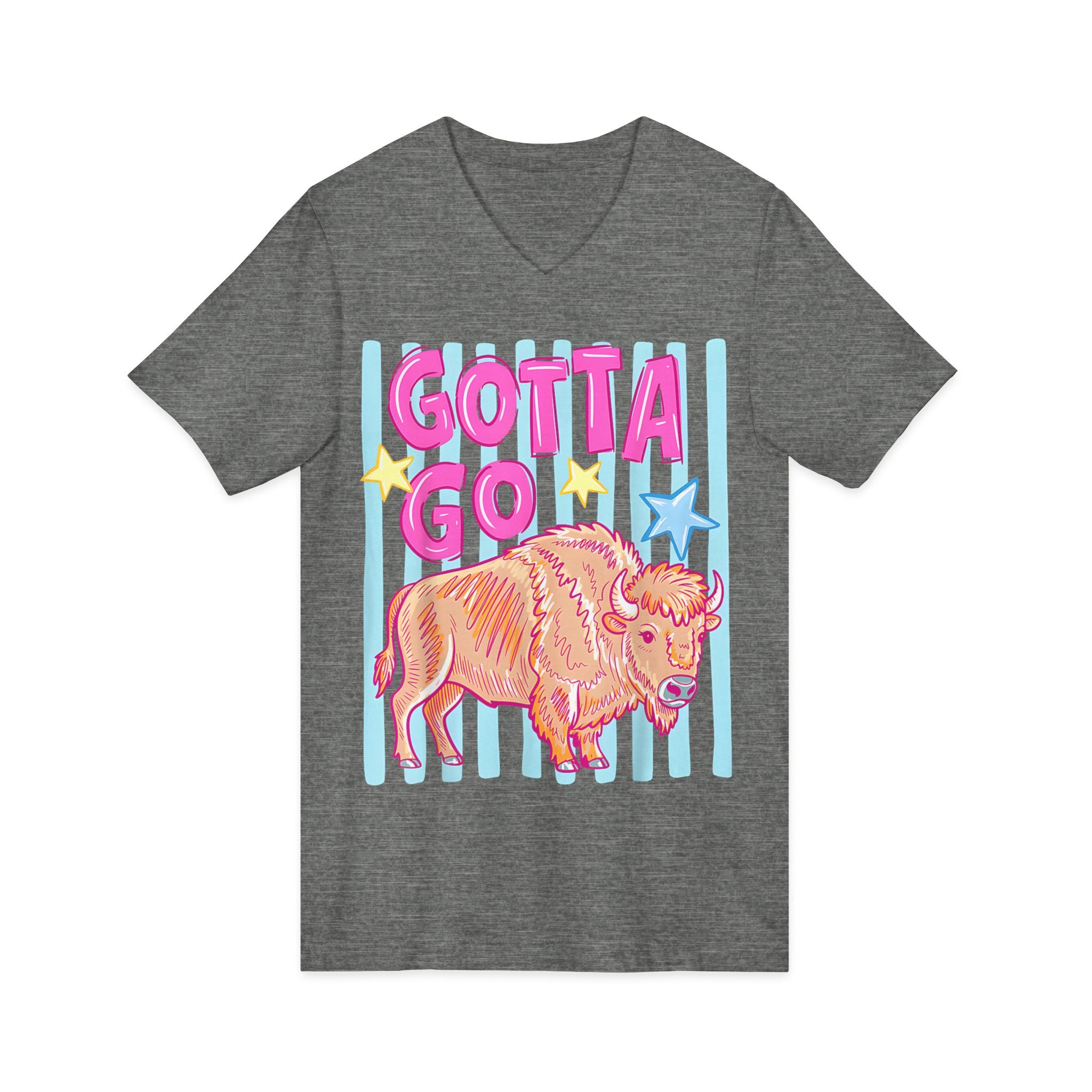 Gotta Go Buffalo V-Neck Tee — Retro Pastel Bison Graphic T-Shirt