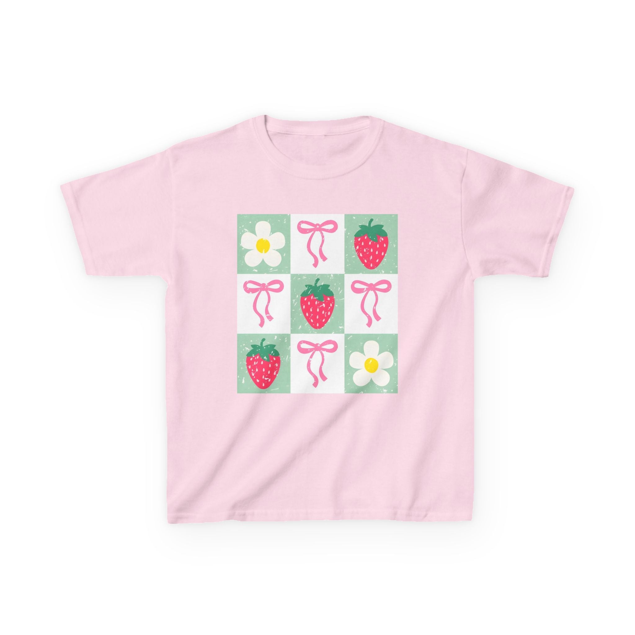 Kids Strawberry Grid Tee — Cute Strawberry & Flower Graphic T-Shirt