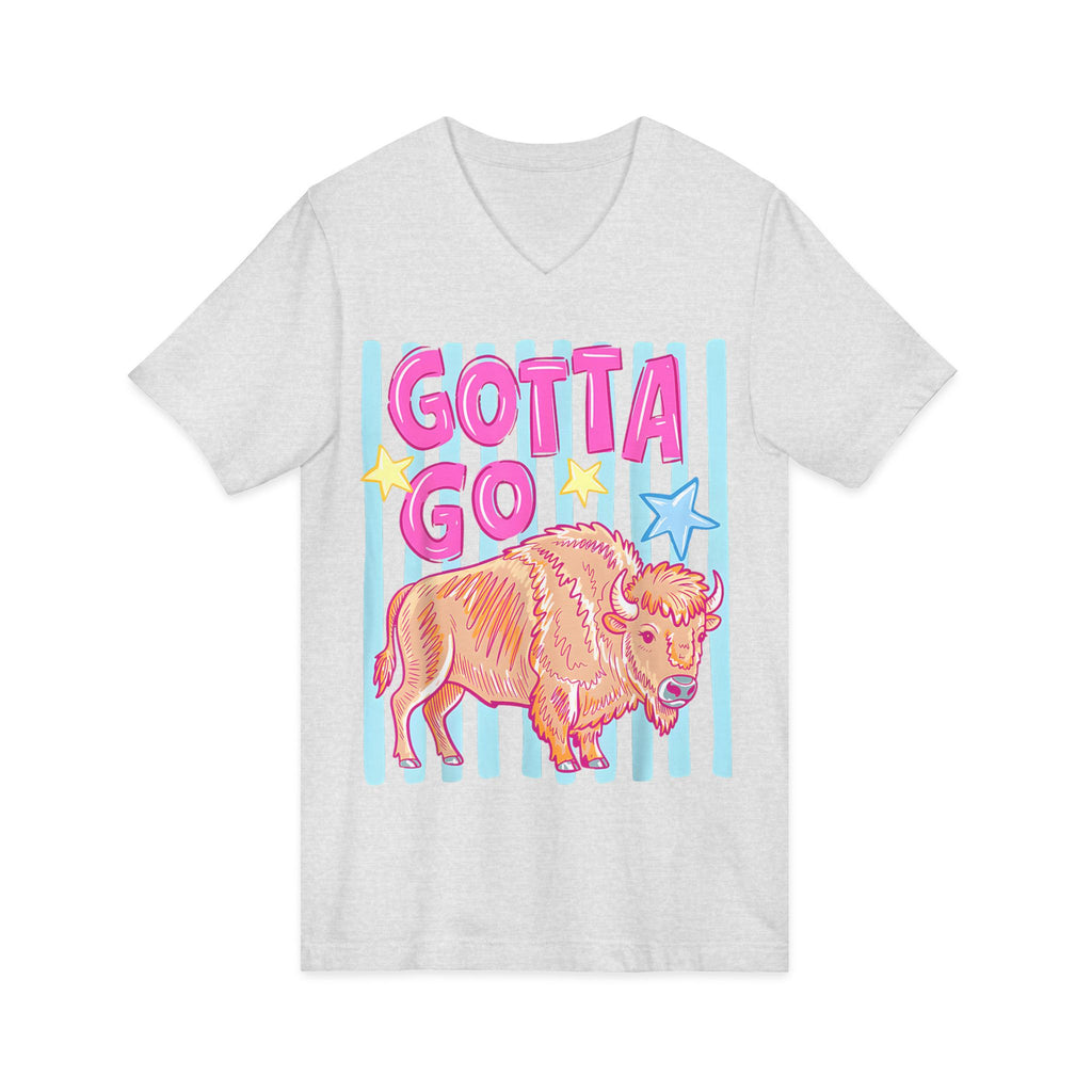 Gotta Go Buffalo V-Neck Tee — Retro Pastel Bison Graphic T-Shirt