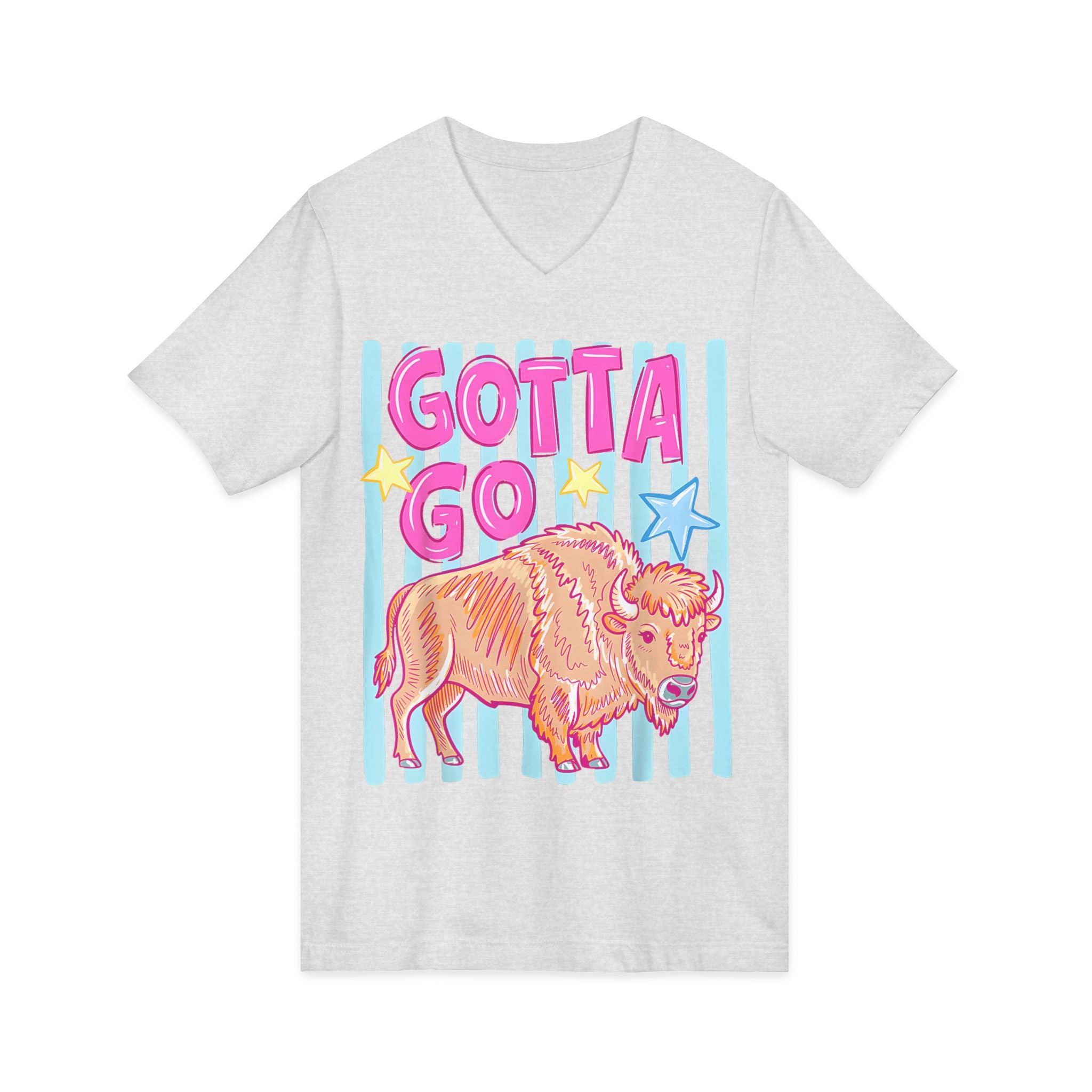Gotta Go Buffalo V-Neck Tee — Retro Pastel Bison Graphic T-Shirt