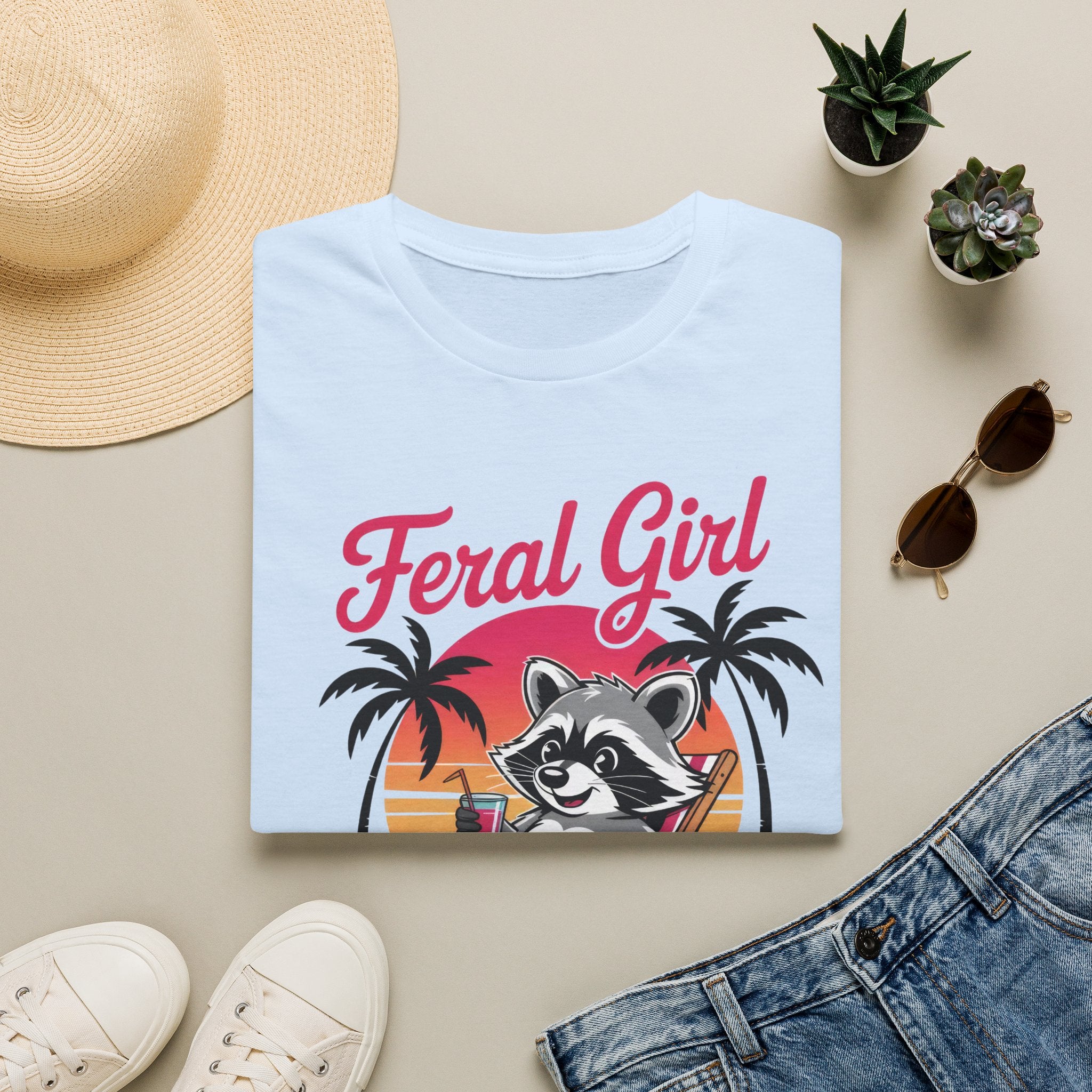 Feral Girl Summer T-Shirt — Retro Raccoon Beach Graphic Tee