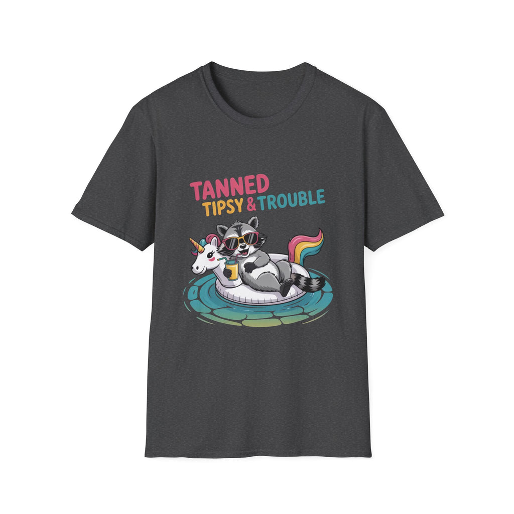 T-Shirt — "Tanned Tipsy & Trouble" Raccoon Summer Tee