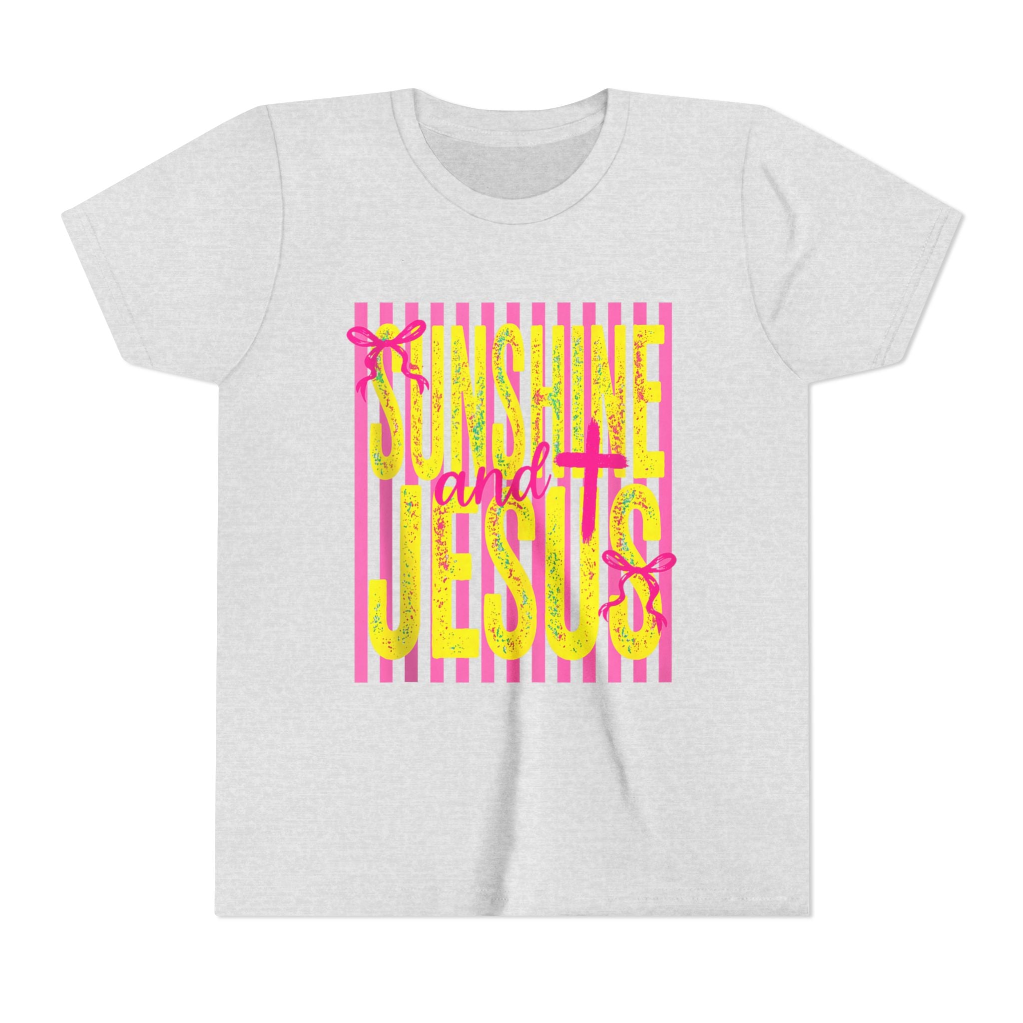 Youth Tee — "Sunshine and Jesus" Pink & Yellow Striped Christian Graphic
