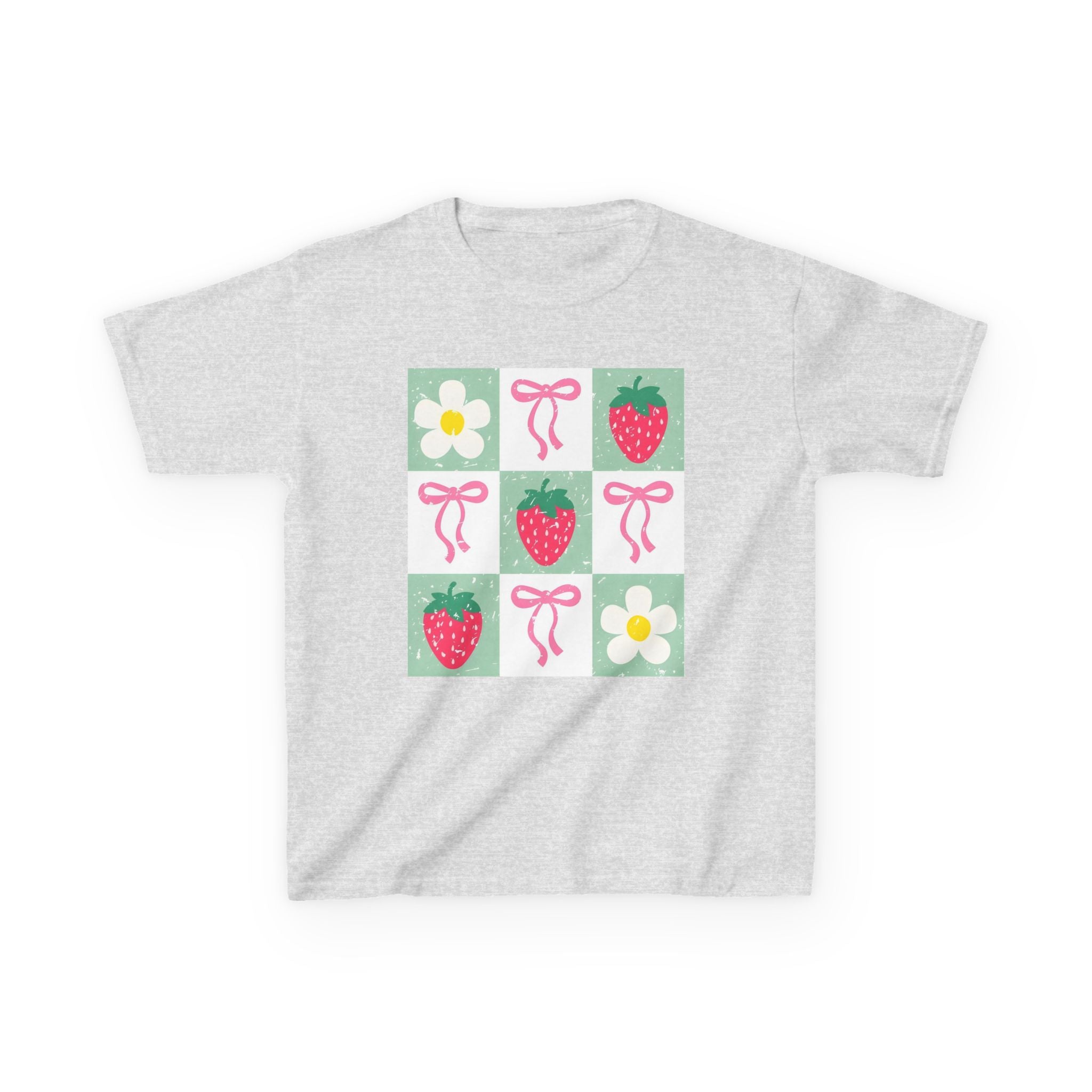 Kids Strawberry Grid Tee — Cute Strawberry & Flower Graphic T-Shirt