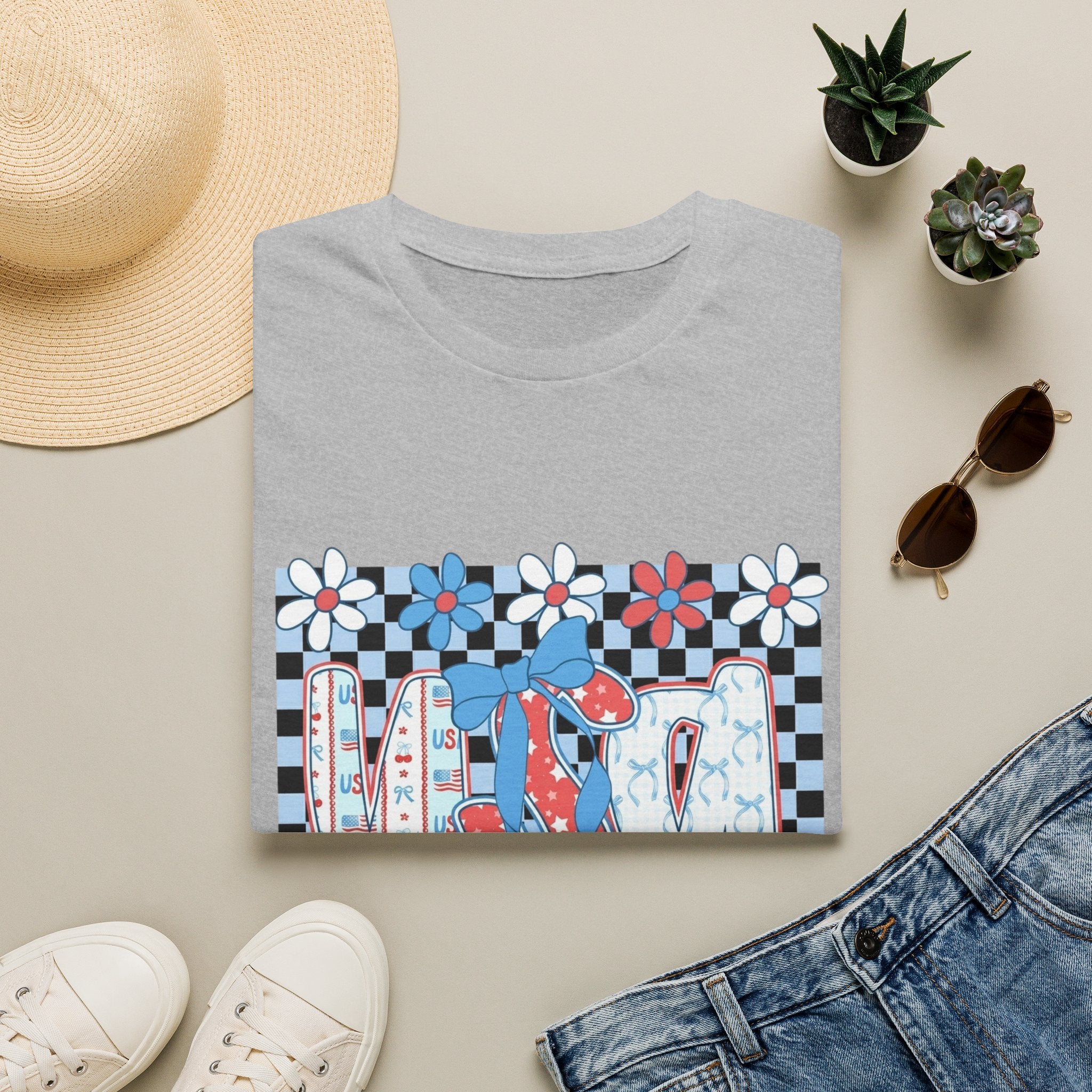 Flip Flop Summer Tee — Red Blue Floral Check Graphic T-Shirt
