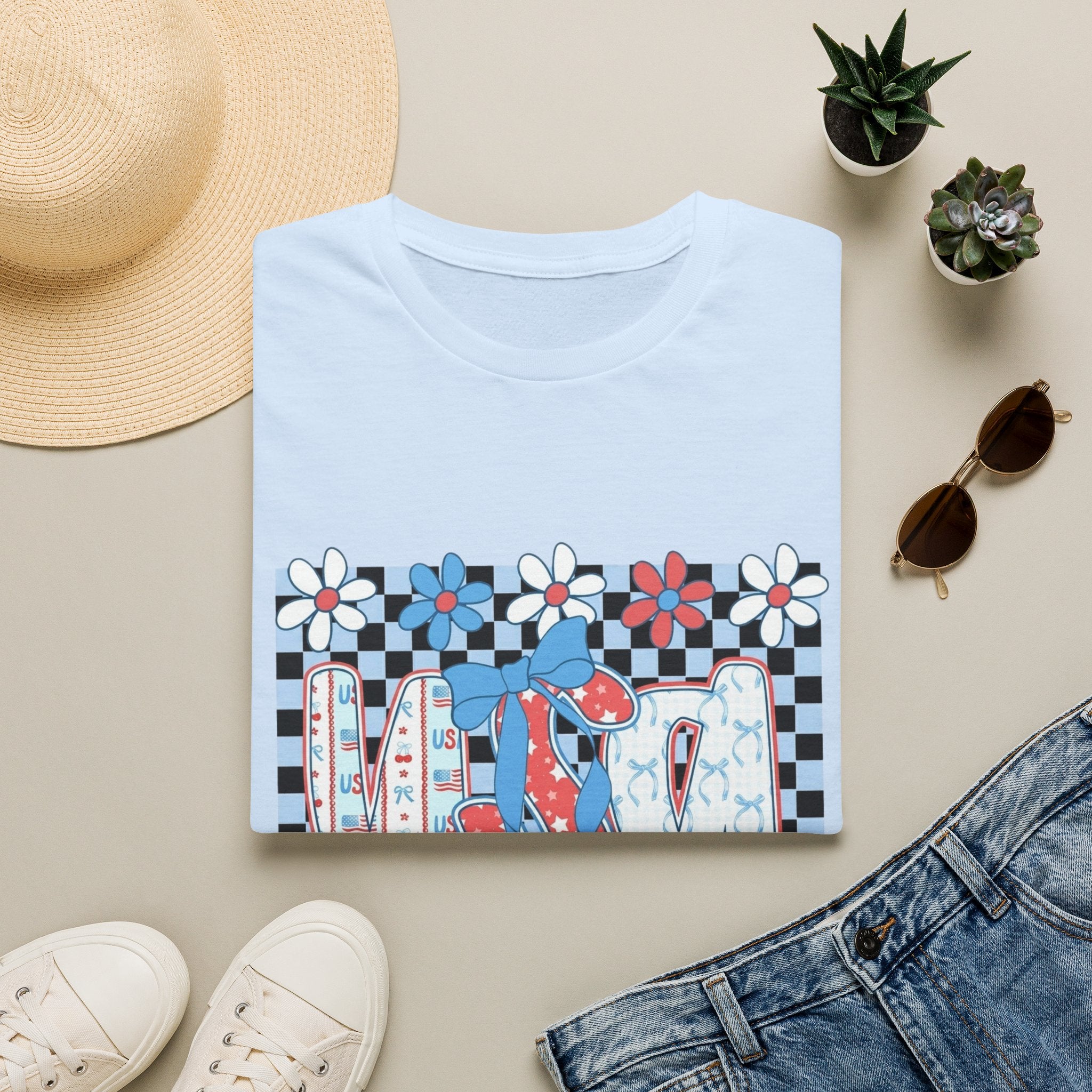 Flip Flop Summer Tee — Red Blue Floral Check Graphic T-Shirt
