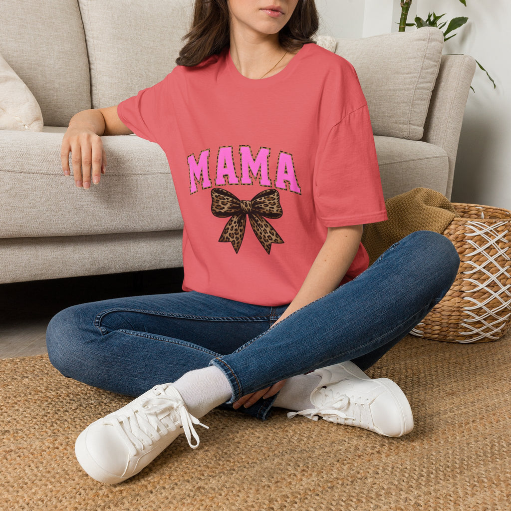 Mama Shirt — Pink Leopard Bow Graphic Tee for Moms
