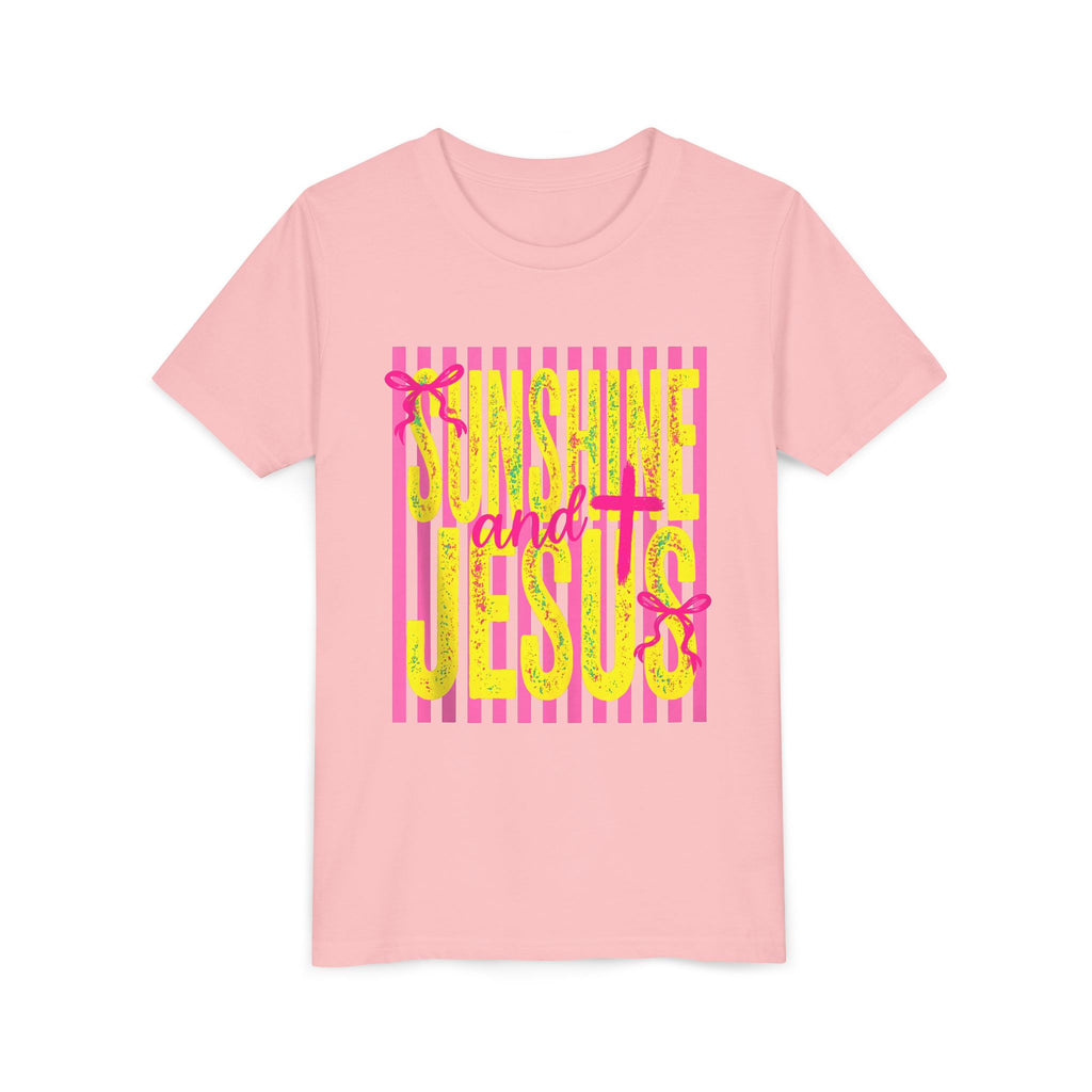 Youth Tee — "Sunshine and Jesus" Pink & Yellow Striped Christian Graphic