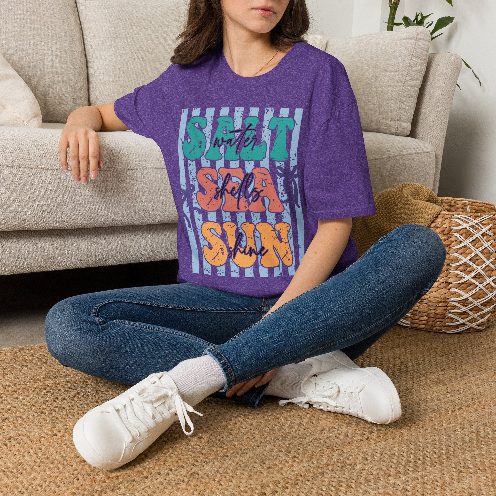 Beach Vibes T-Shirt — "Salt Water, Sea Shells, Sun" Retro Stripes