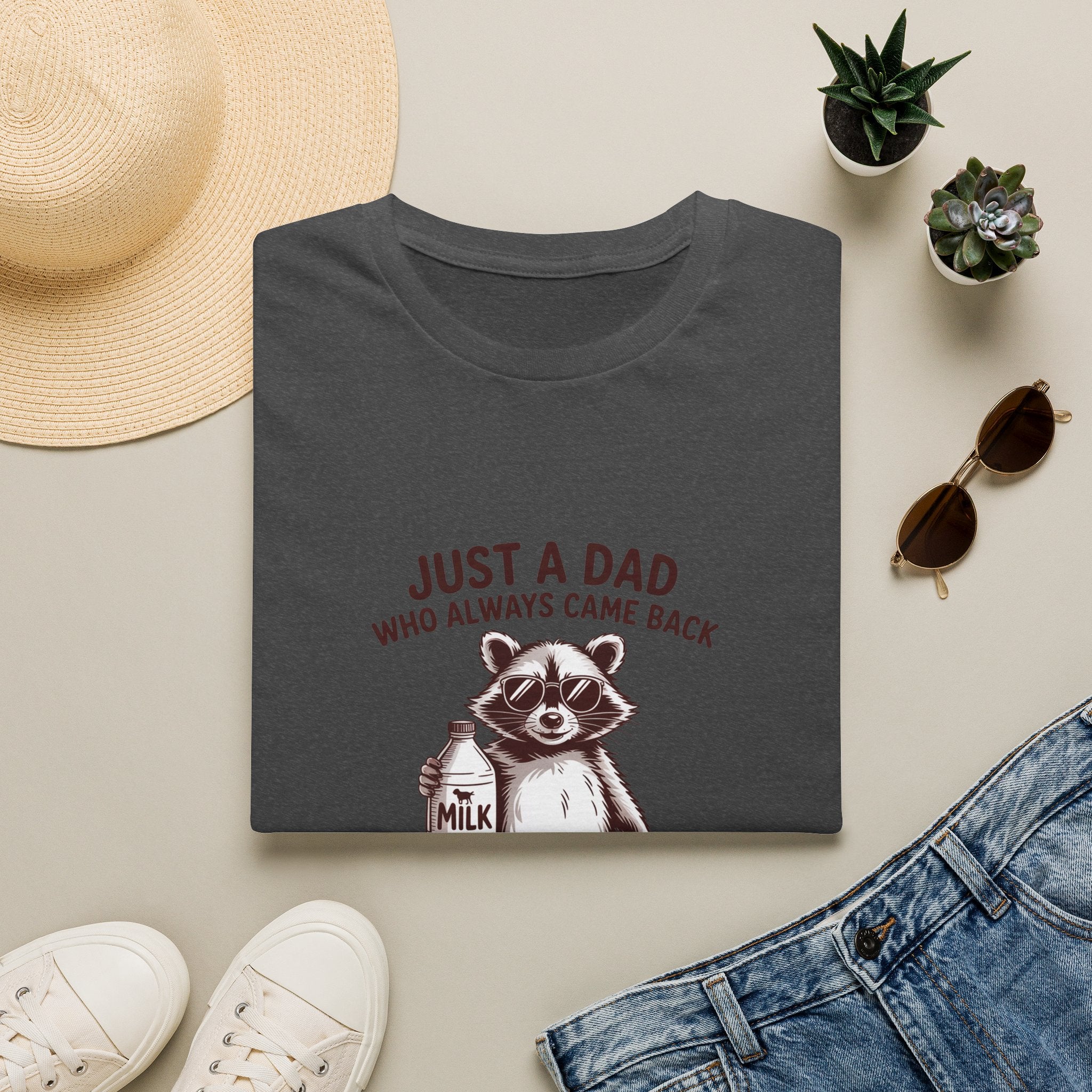 T-Shirt — "Just a Dad Who Always Came Back (With the Milk)" Cute Raccoon Father's Day Tee