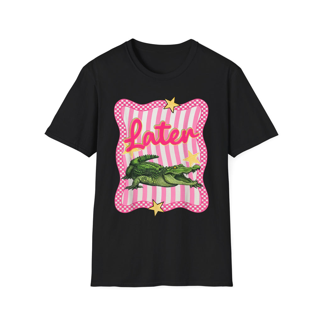 Later Graphic T‑Shirt — Retro Pink Stripe Alligator Design