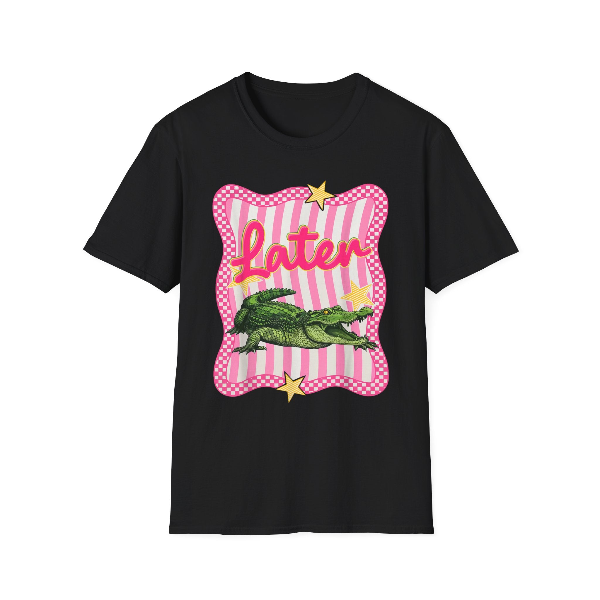 Later Graphic T‑Shirt — Retro Pink Stripe Alligator Design