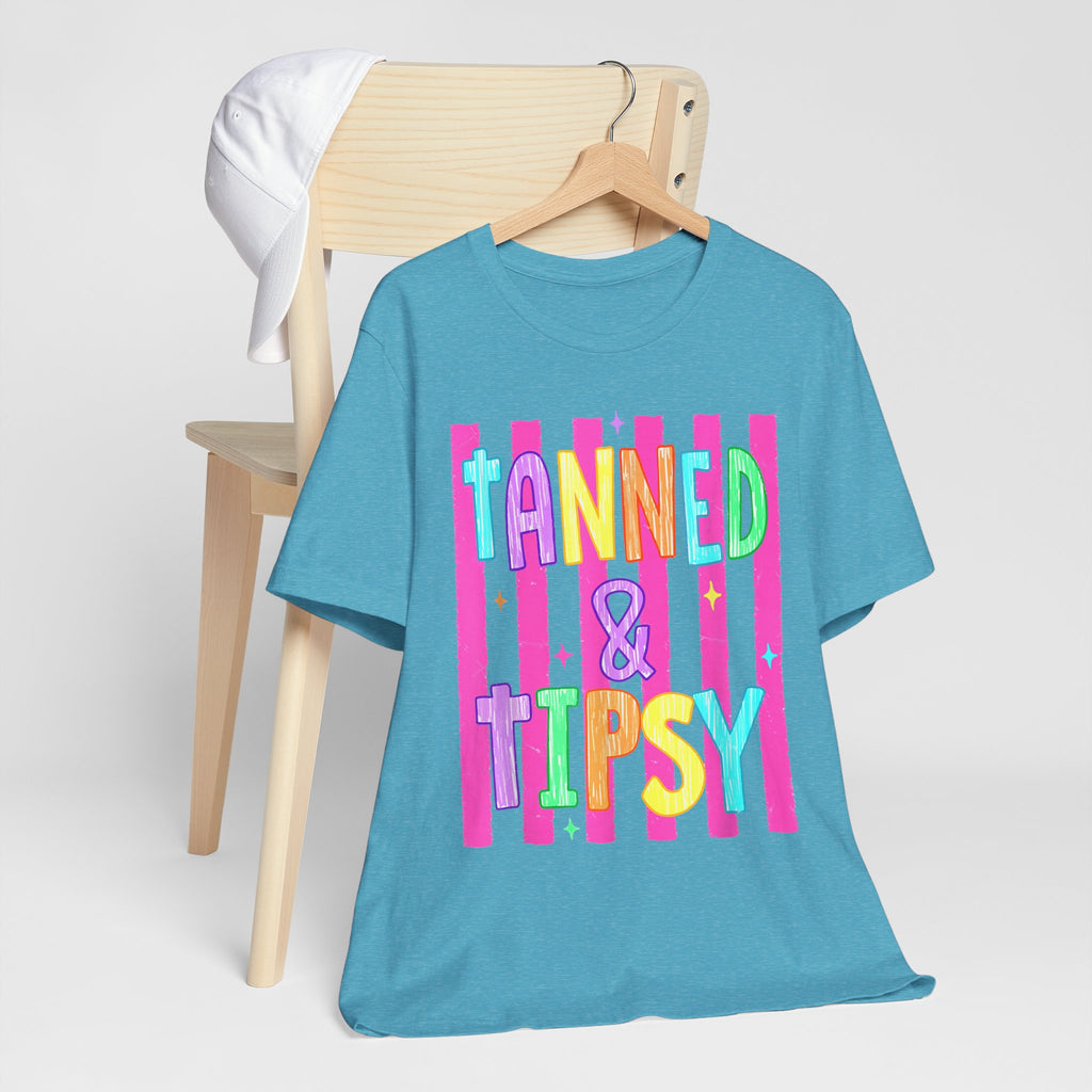 T-Shirt — "Tanned & Tipsy" Colorful Beach Party Graphic Tee