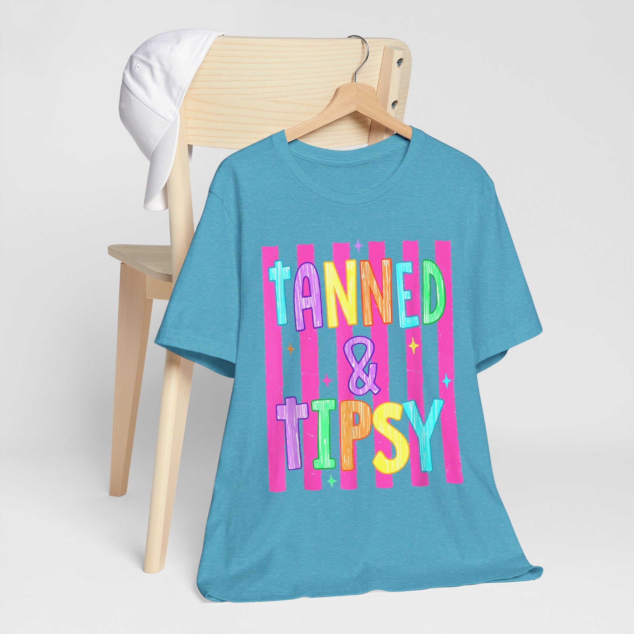 T-Shirt — "Tanned & Tipsy" Colorful Beach Party Graphic Tee