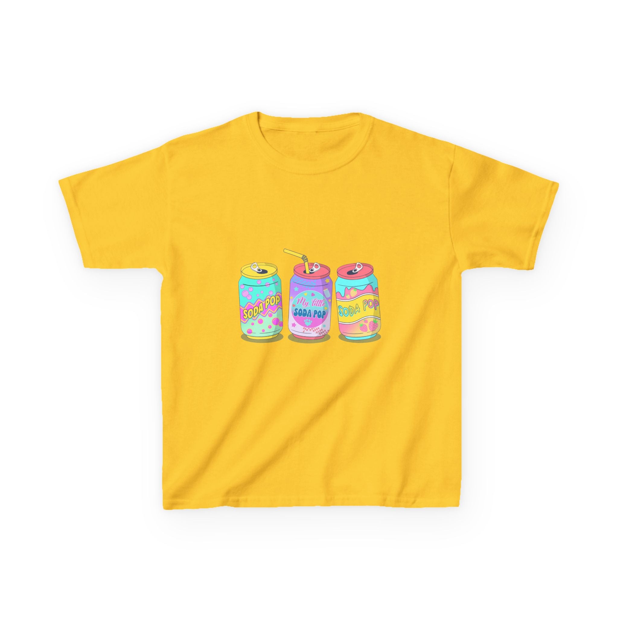 Kids T-Shirt — Colorful Soda Can Trio Graphic Tee (Cute Retro Drink Design)
