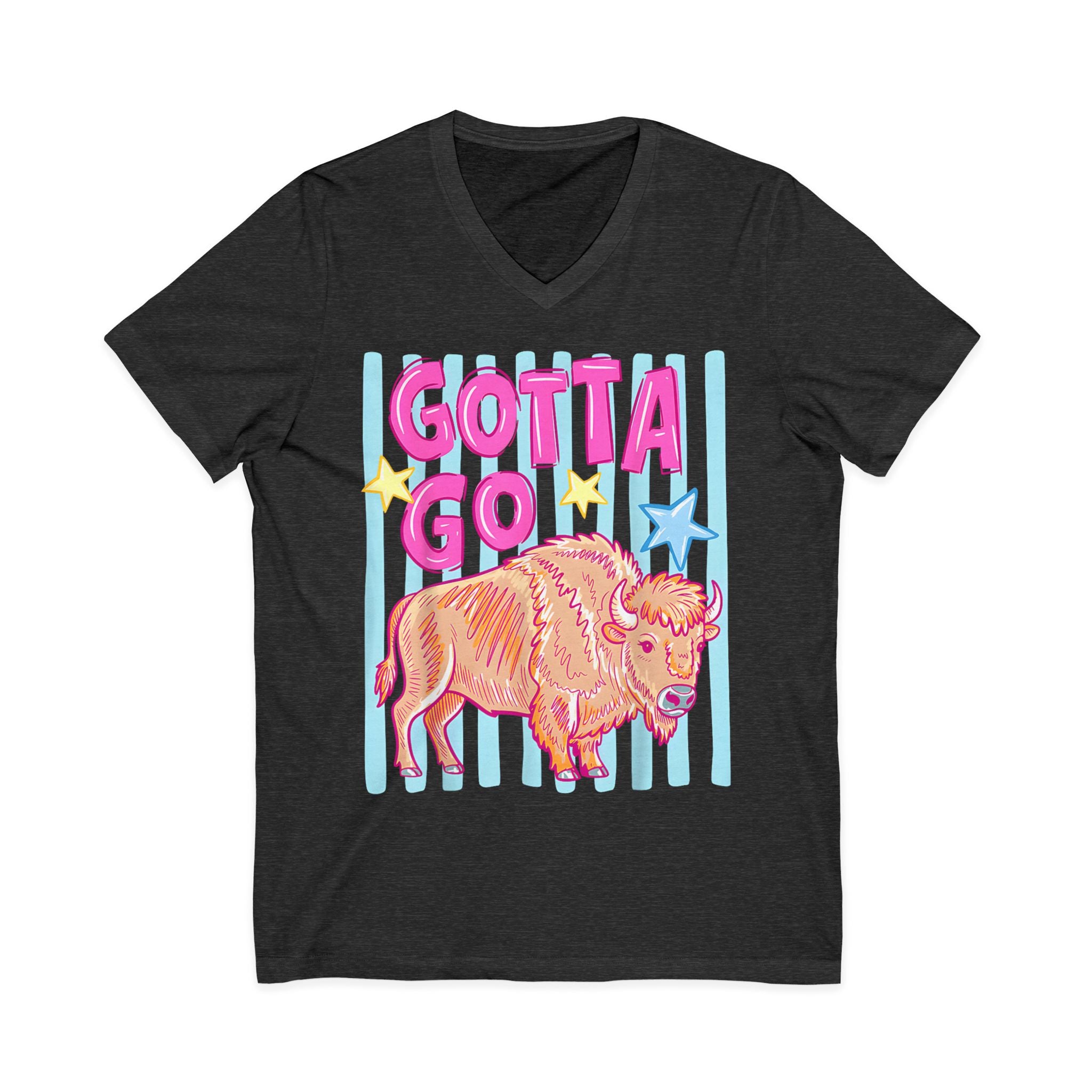 Gotta Go Buffalo V-Neck Tee — Retro Pastel Bison Graphic T-Shirt