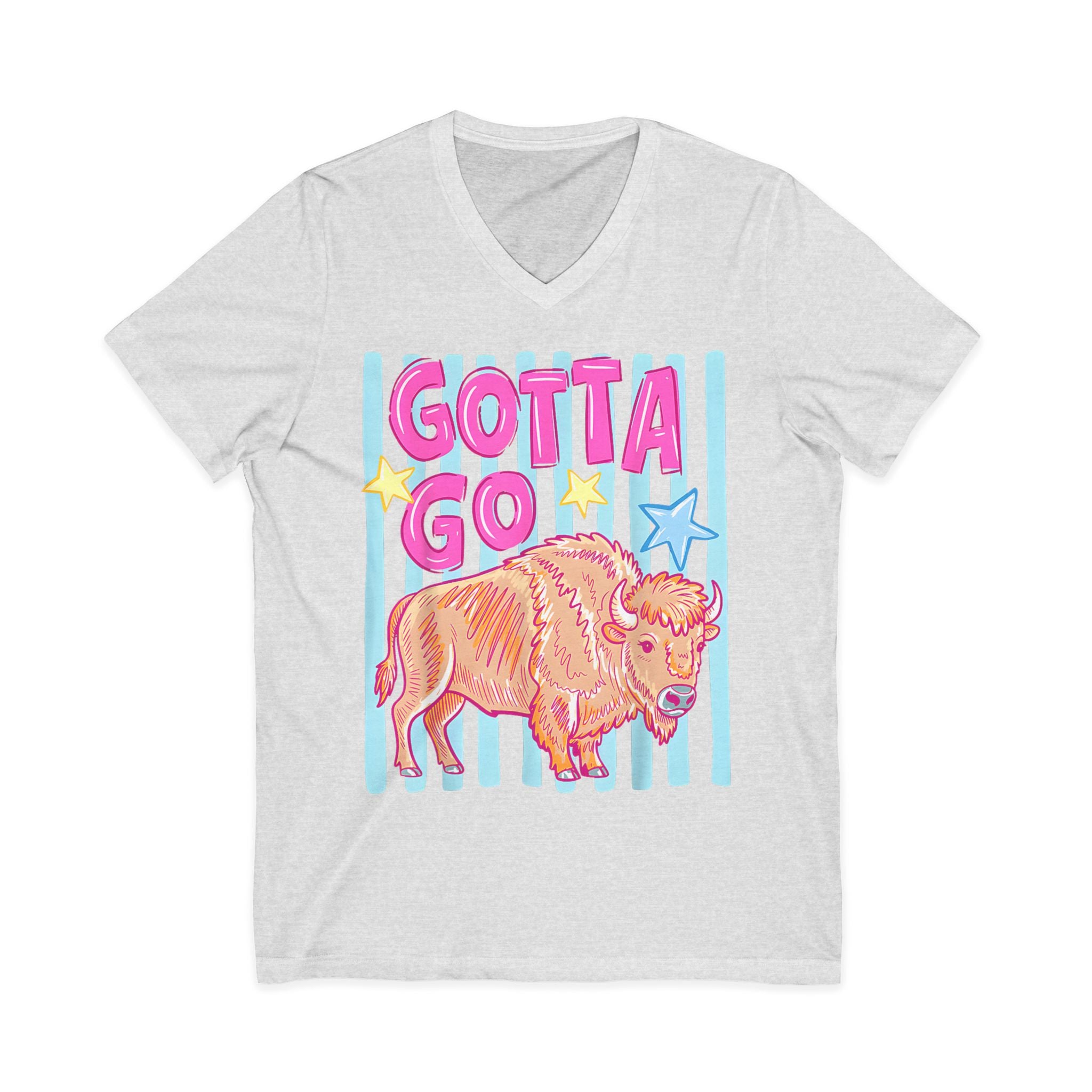 Gotta Go Buffalo V-Neck Tee — Retro Pastel Bison Graphic T-Shirt
